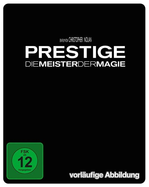 Ein schwarzes Filmcover für "Prestige Die Meister Der Magie" von Christopher Nolan, mit einer grünen FSK 12 Bewertung.