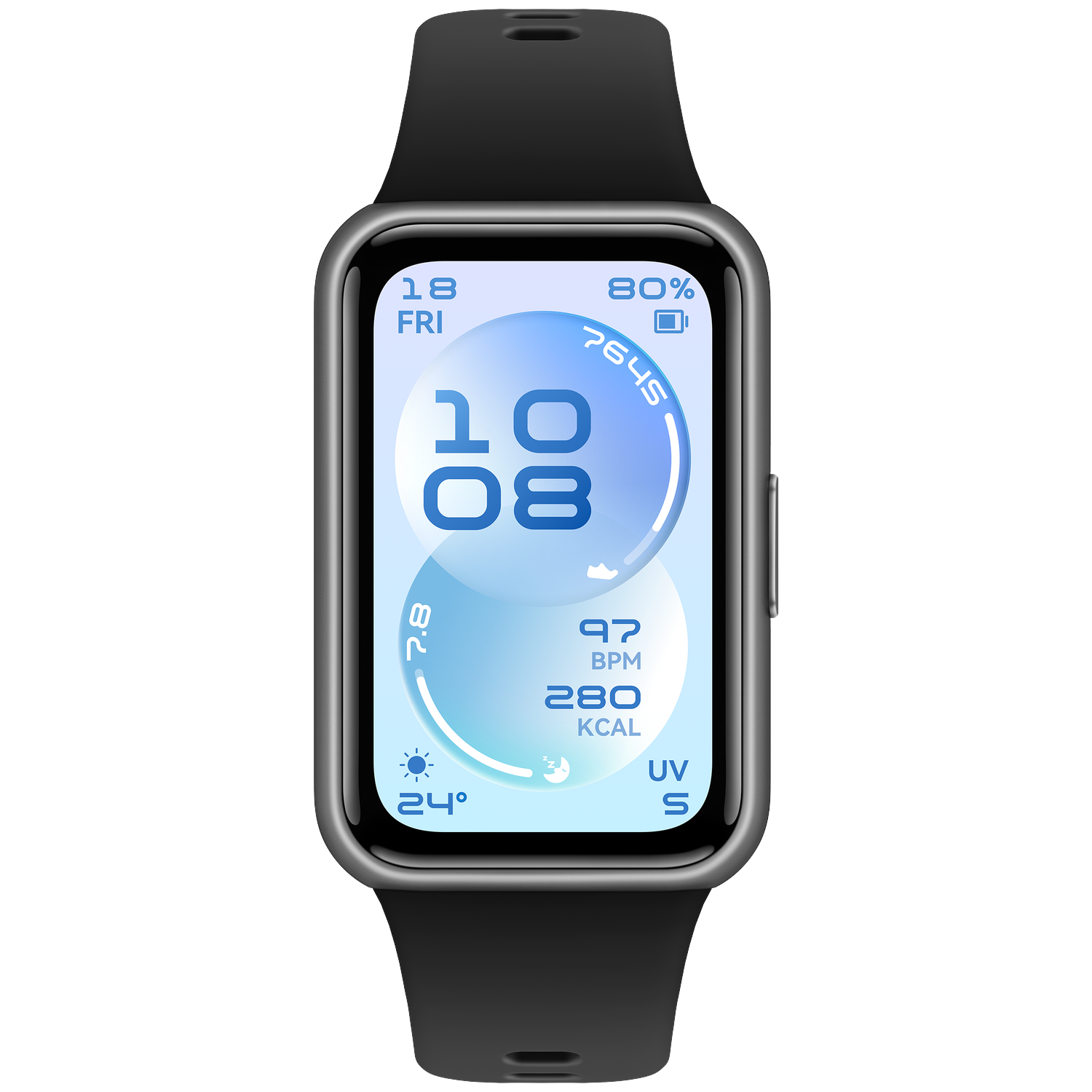A grey smartwatch with a black strap displays time, date, heart rate, calories, UV, and 24°C.