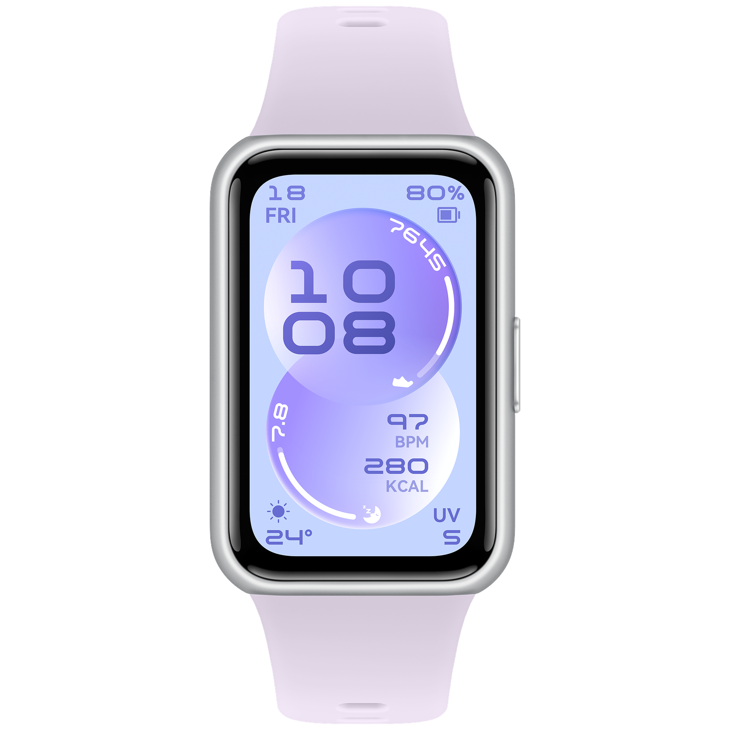 A silver smartwatch with a light purple band displays 10:08, 97 BPM, 280 Kcal.