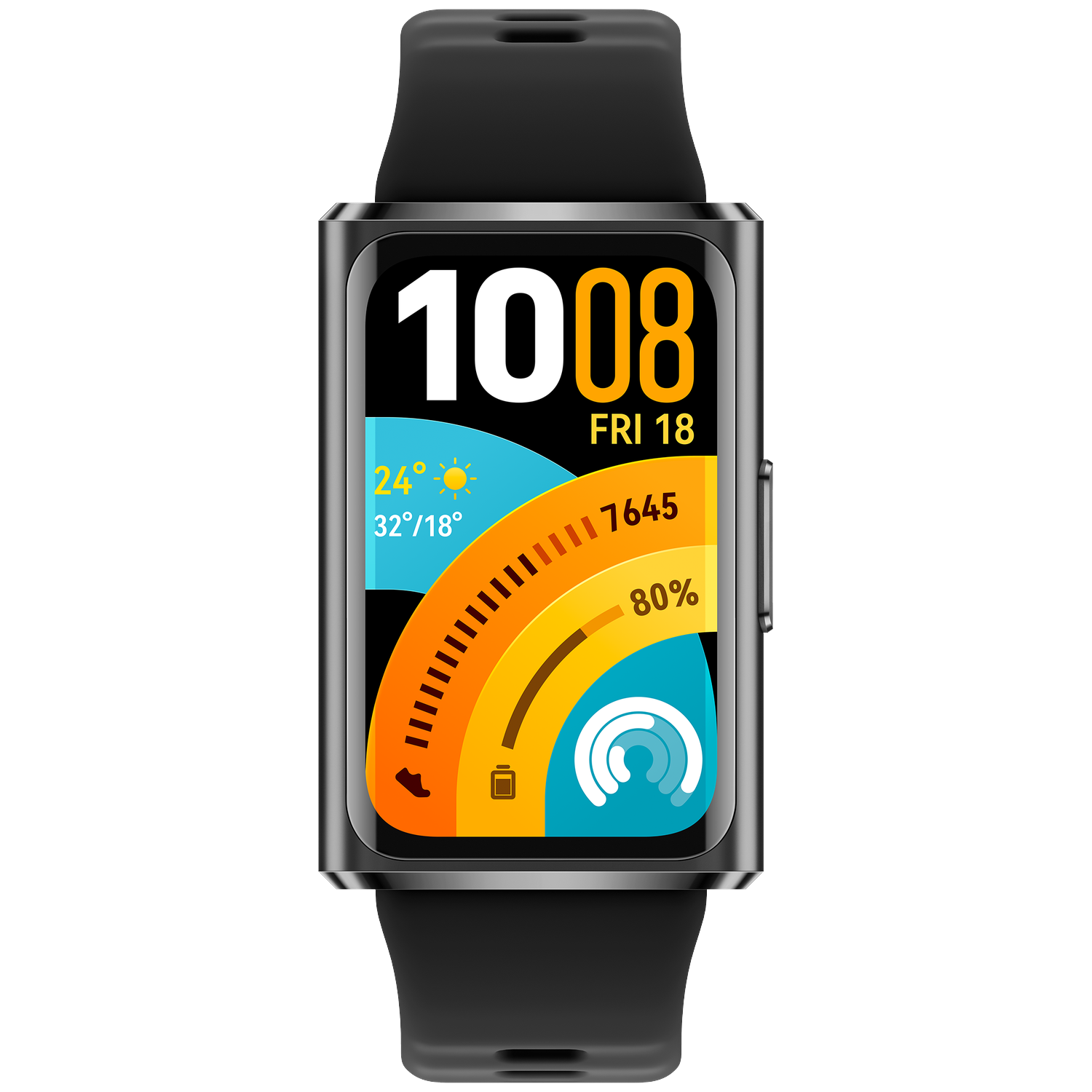 A black smartwatch with a rectangular screen shows time, date, weather, and activity data.