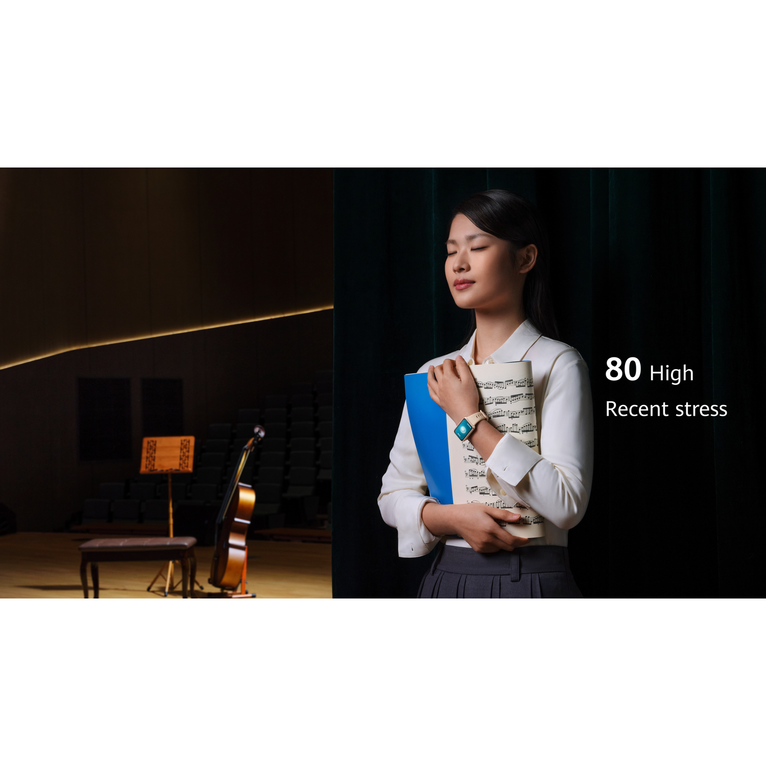 A woman holds sheet music and a blue folder. A concert hall with a cello is left.