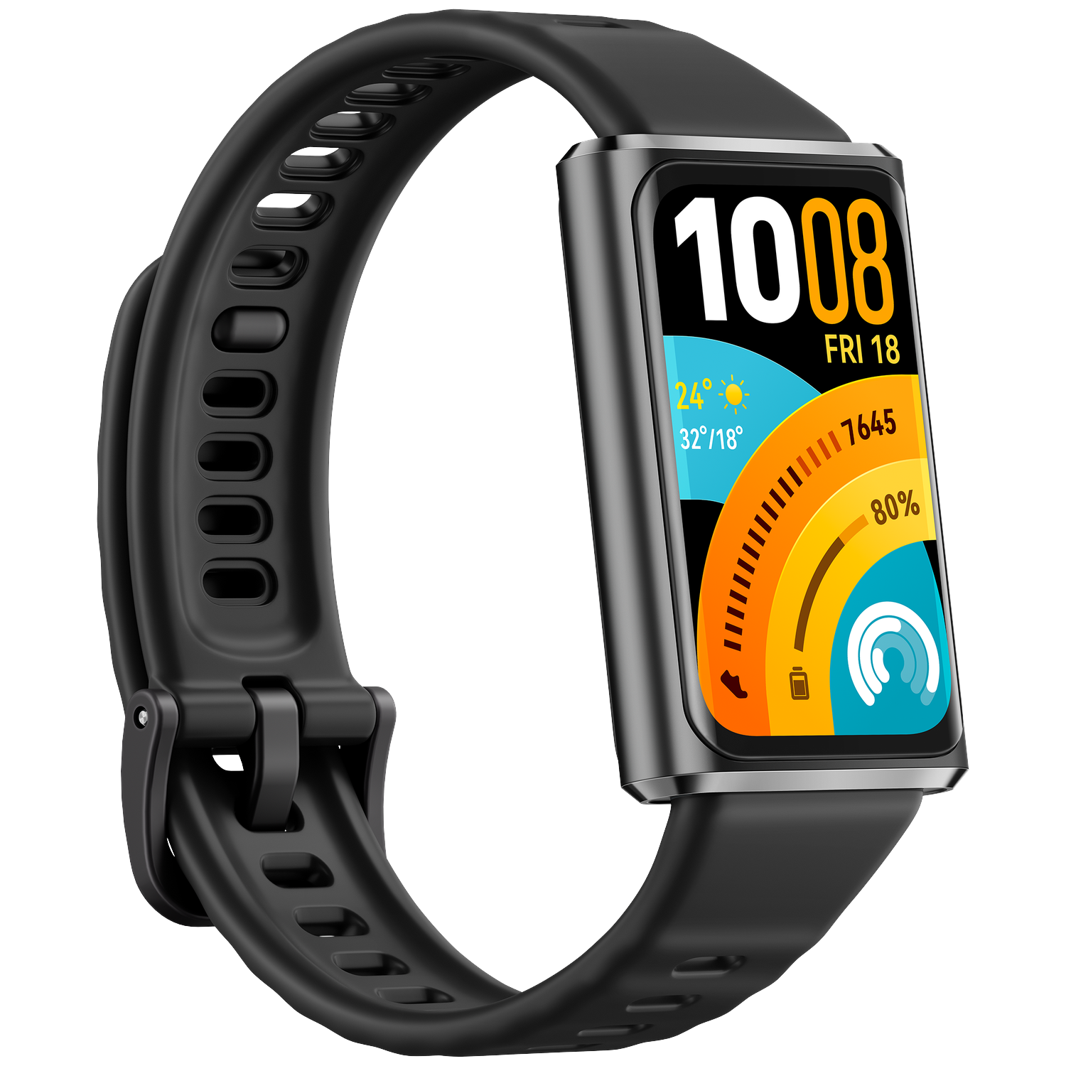 Bracelet connecté noir avec écran rectangulaire affichant l'heure, la date et la météo.