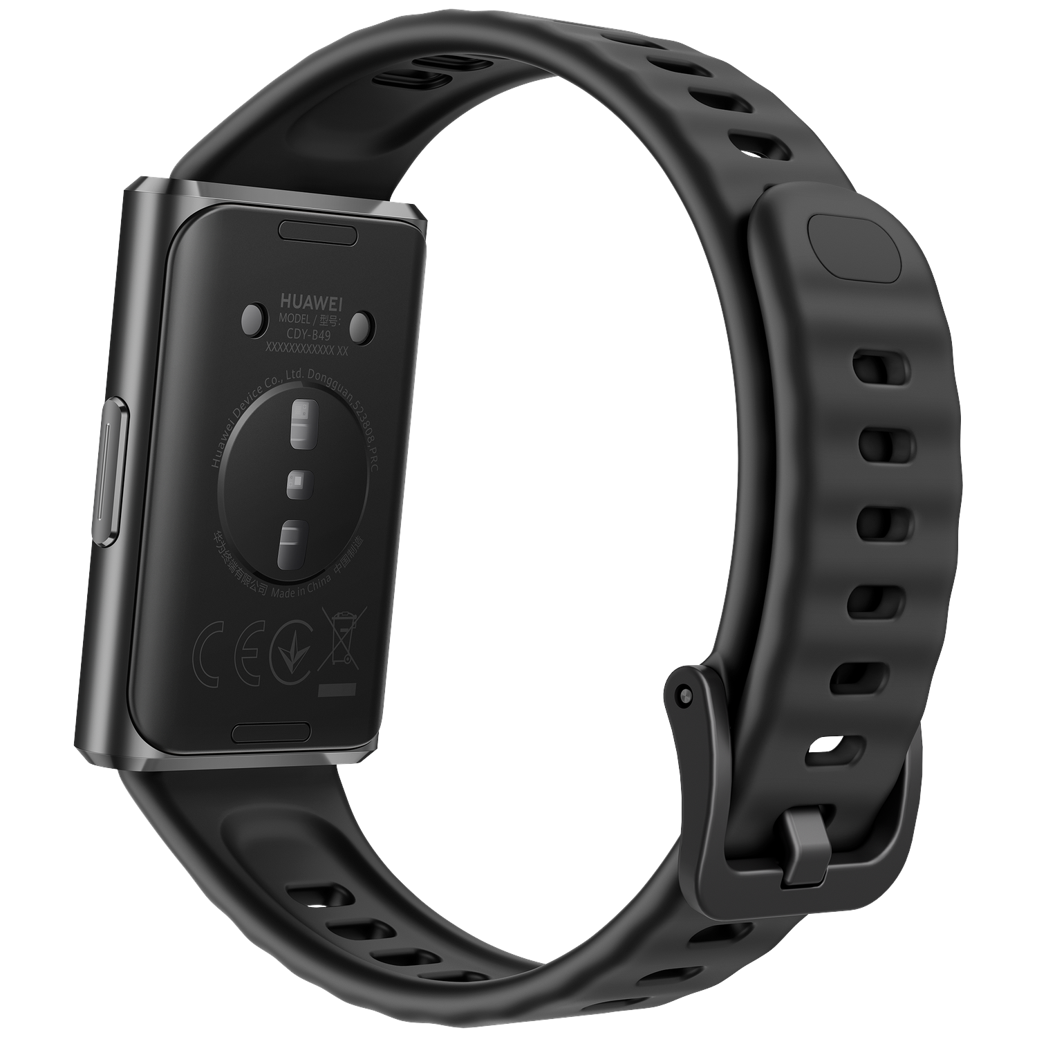 Gros plan d'un tracker d'activité Huawei noir montrant le dos et le bracelet détaillés.