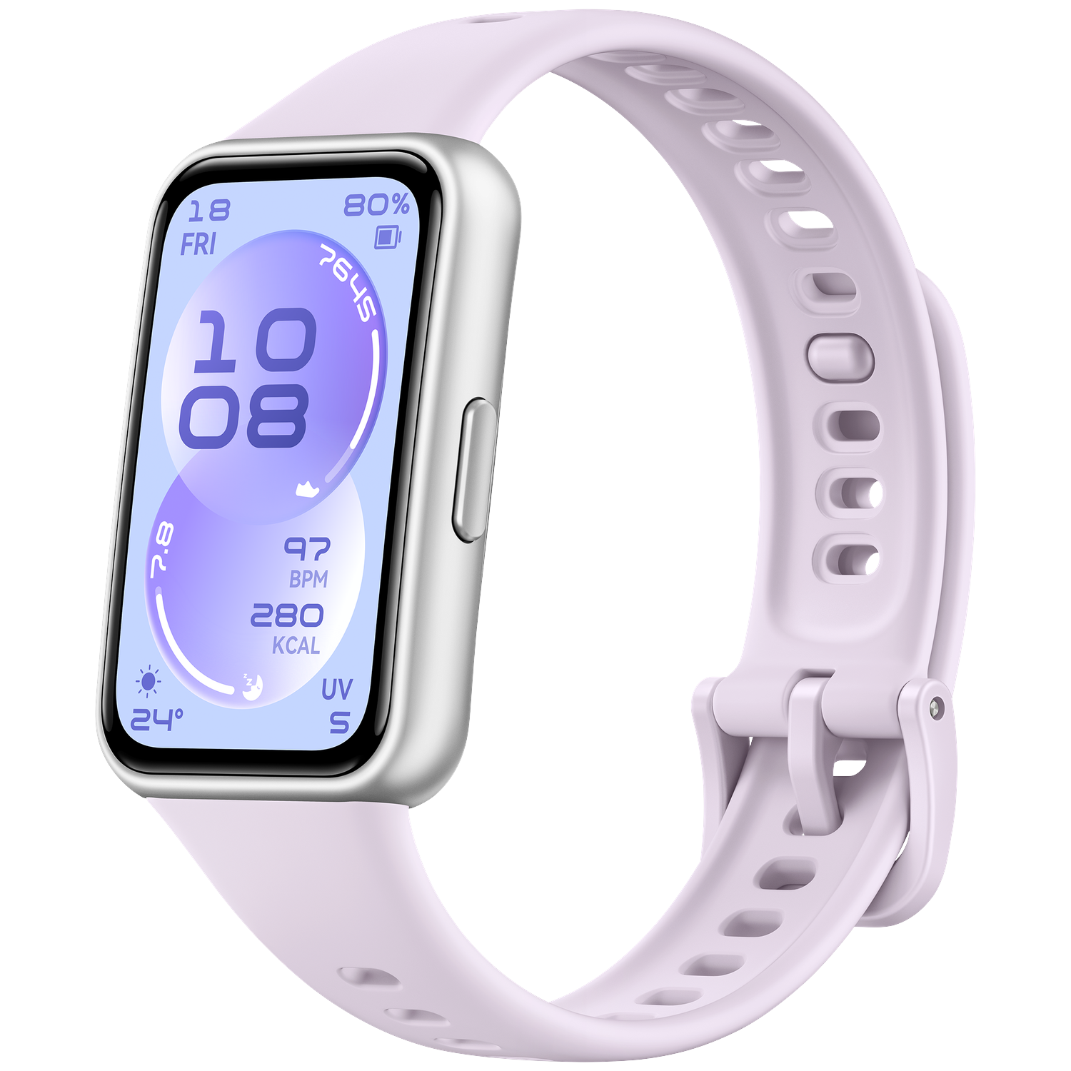 Montre connectée argentée avec bracelet clair. Heure 10:08, batterie 80%.