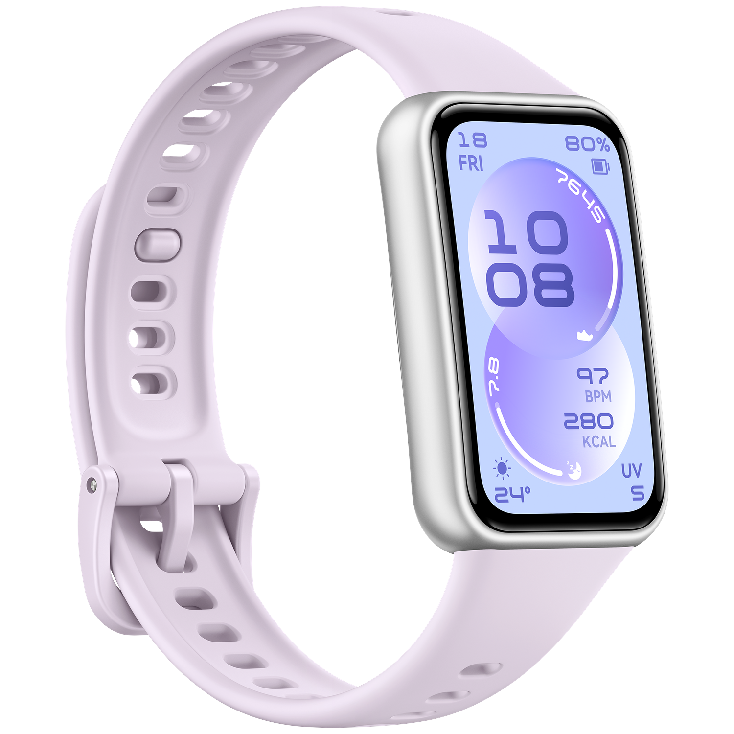 Un bracelet de montre connectée violet clair avec boîtier et écran argentés.