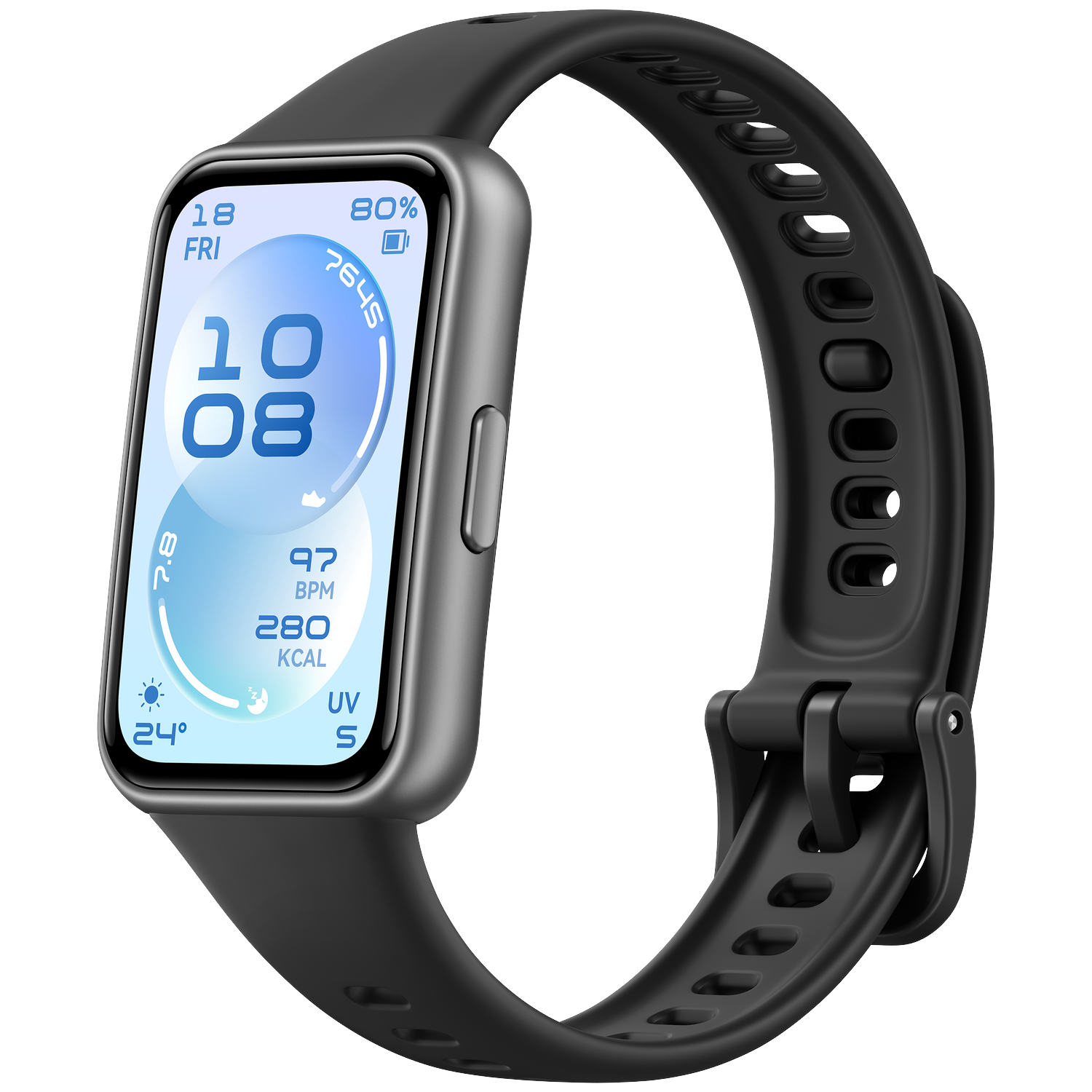 Montre connectée grise avec bracelet noir, affichant heure, date, rythme cardiaque, calories.