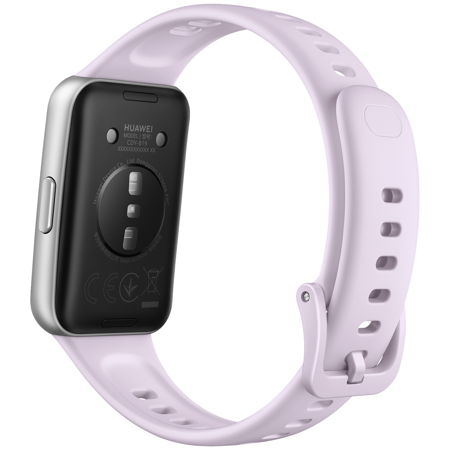 Arrière d'une montre connectée violet clair avec boîtier argenté et contacts de charge.
