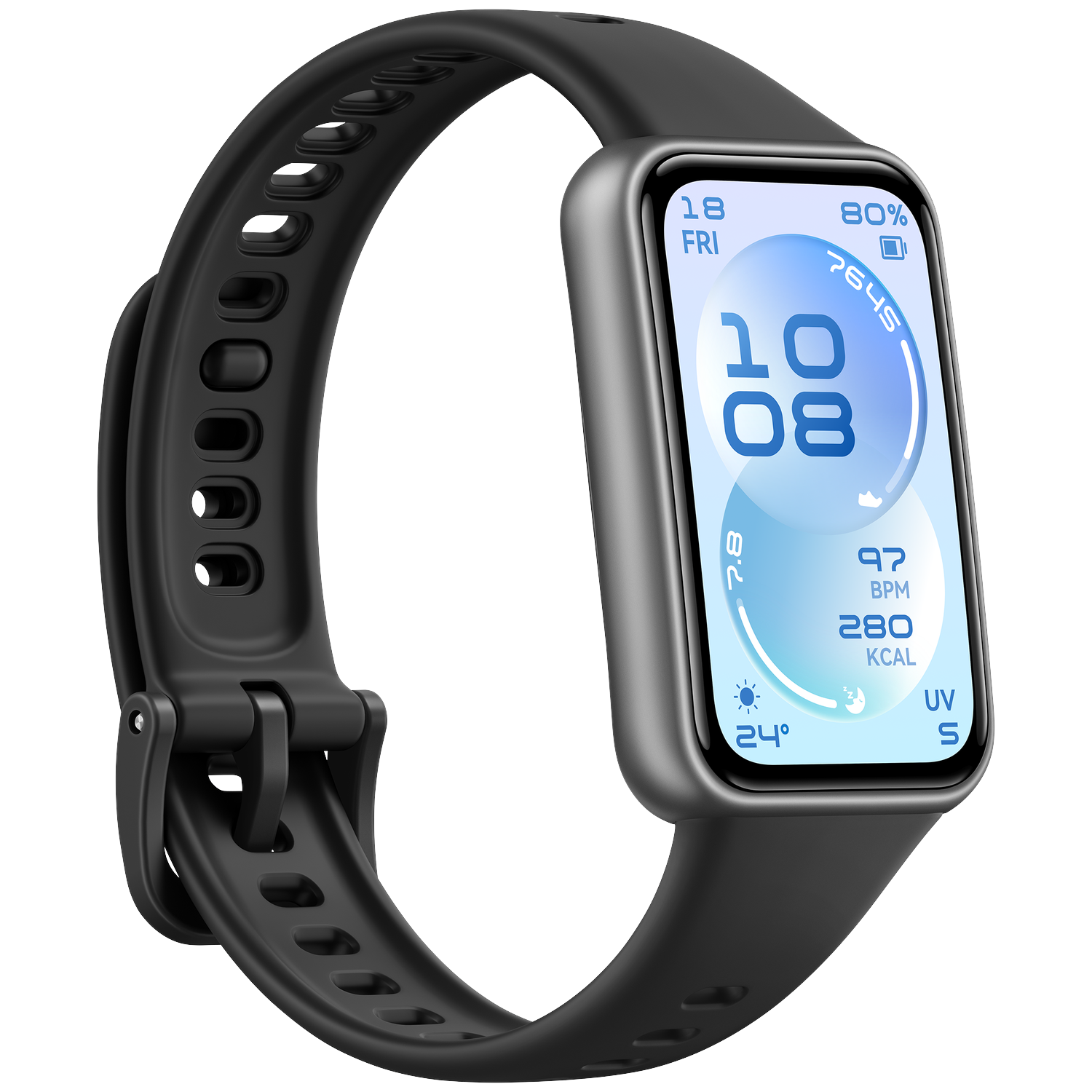 Montre connectée noire avec écran rectangulaire affichant l'heure, la date, le rythme cardiaque, les calories.
