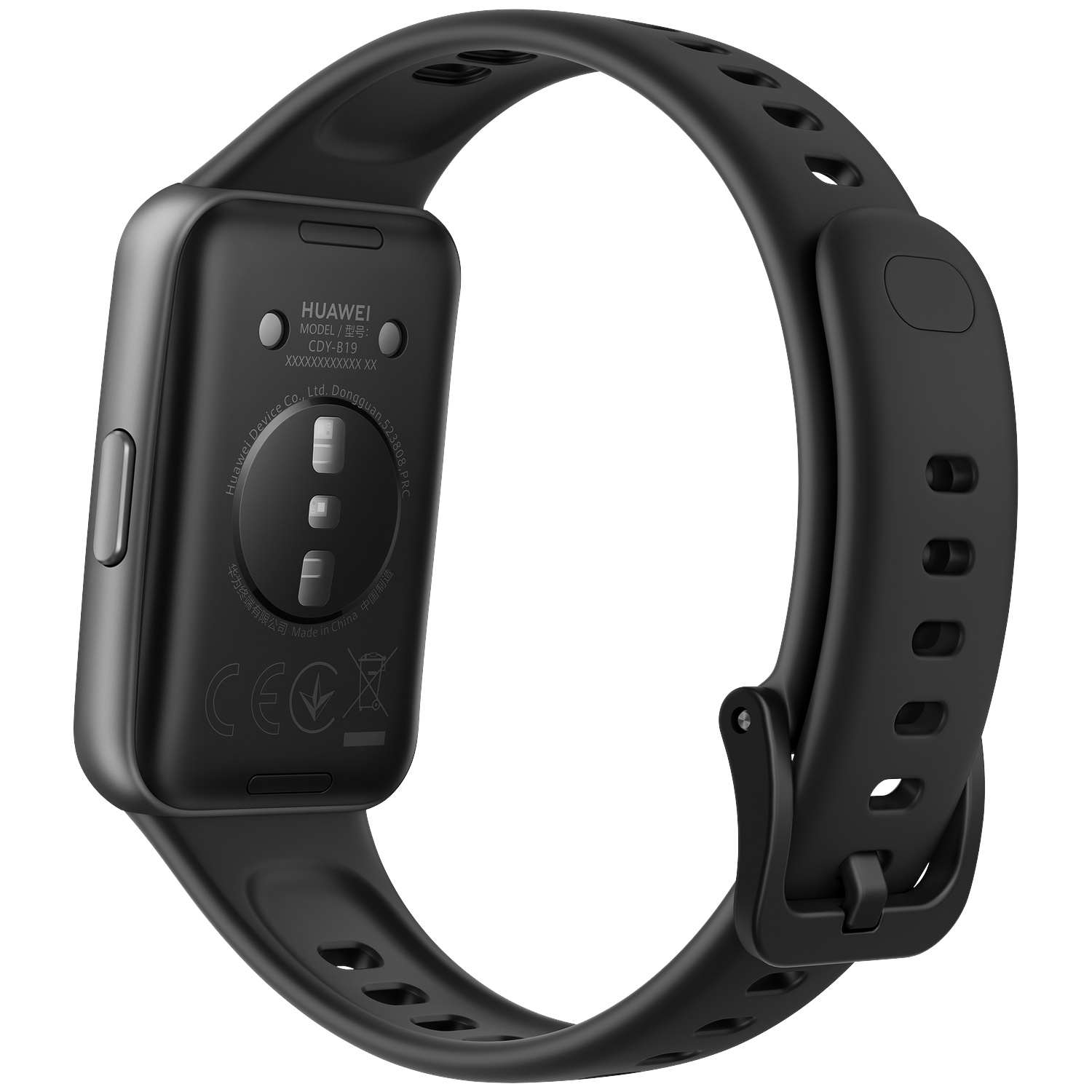 Dos de montre connectée Huawei noire avec numéro de modèle et marquage CE.