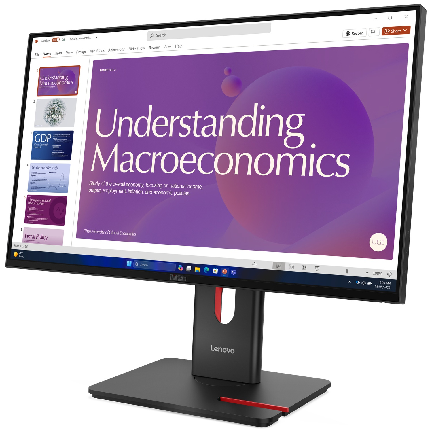 A monitor displays "Understanding Macroeconomics" presentation with purple and pink graphics.