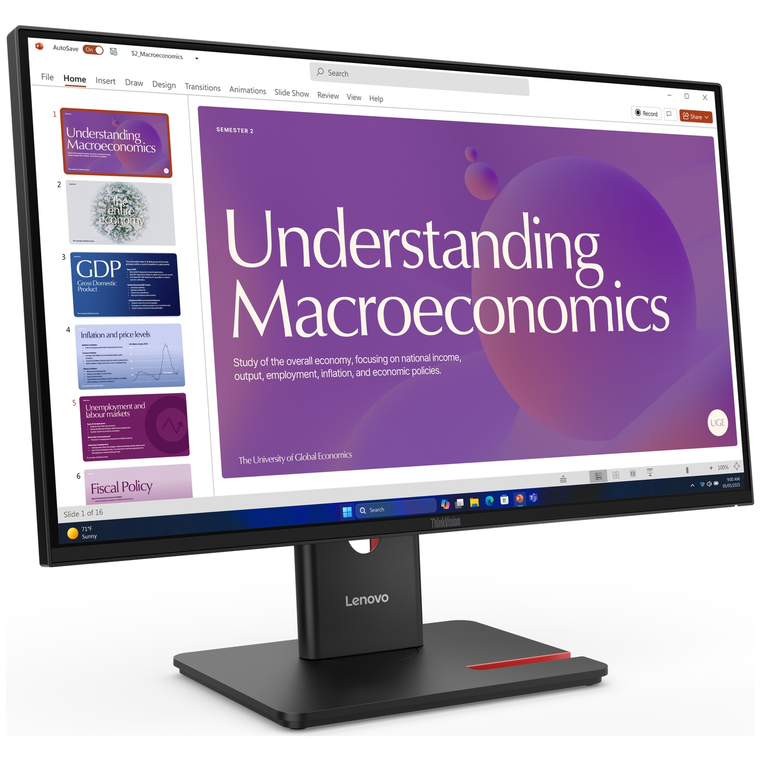 A monitor displays a presentation on macroeconomics with slides on GDP and fiscal policy.