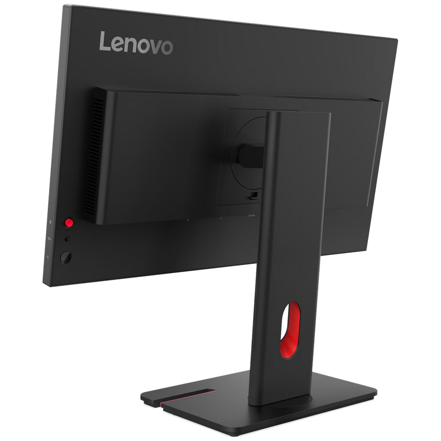 Back view of a black Lenovo monitor with a red accent on its stand.