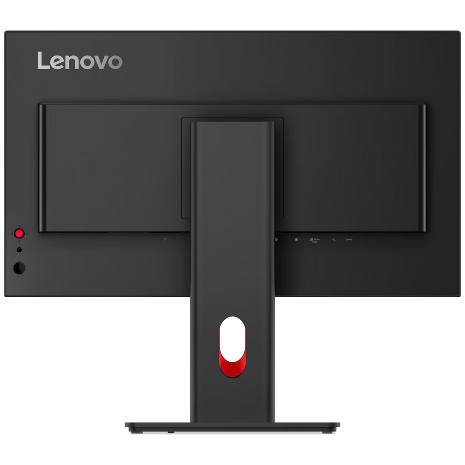 Back view of a black Lenovo monitor with a silver logo and red accent detail.