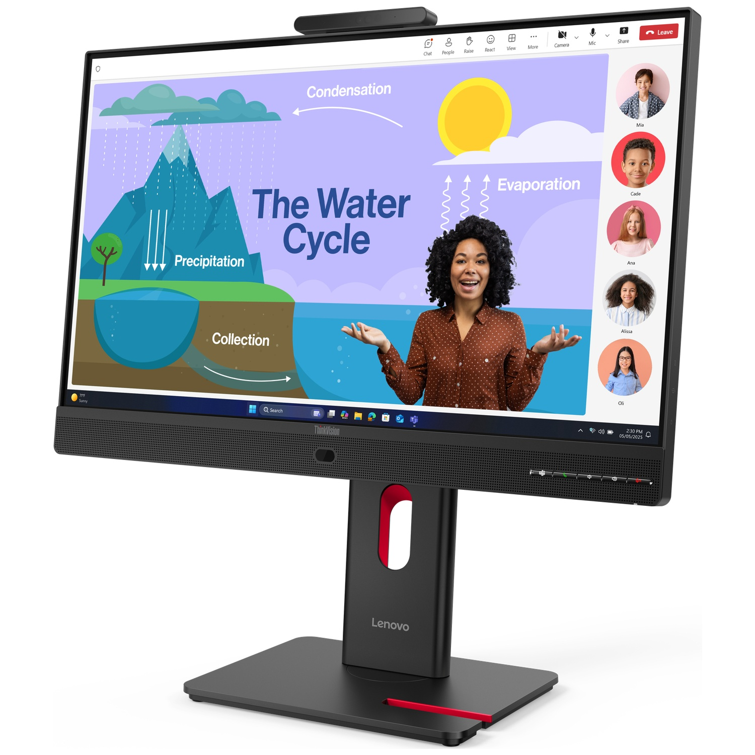 A woman explains the water cycle on a monitor showing children's videos.