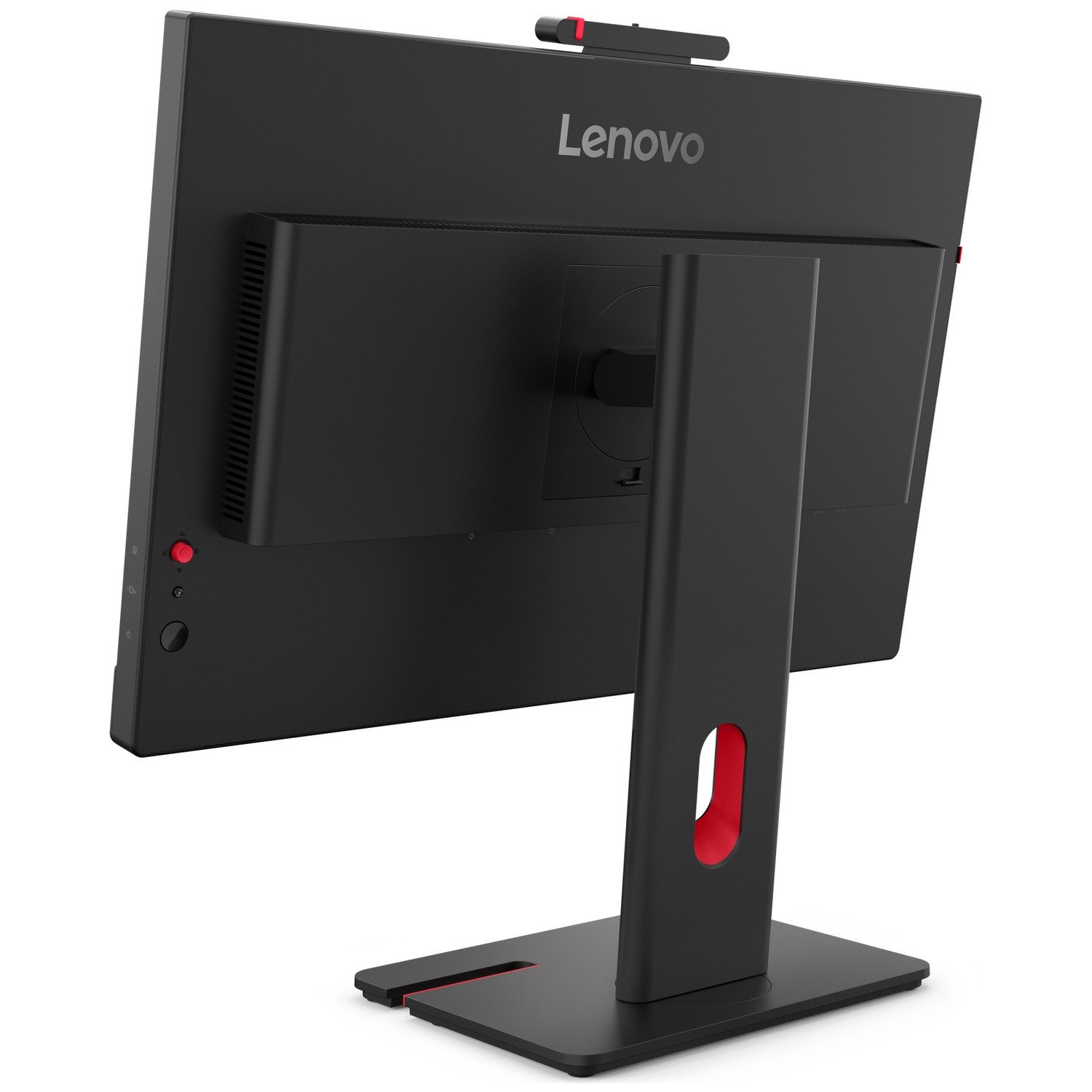 Back of a black Lenovo monitor with red accent and camera.