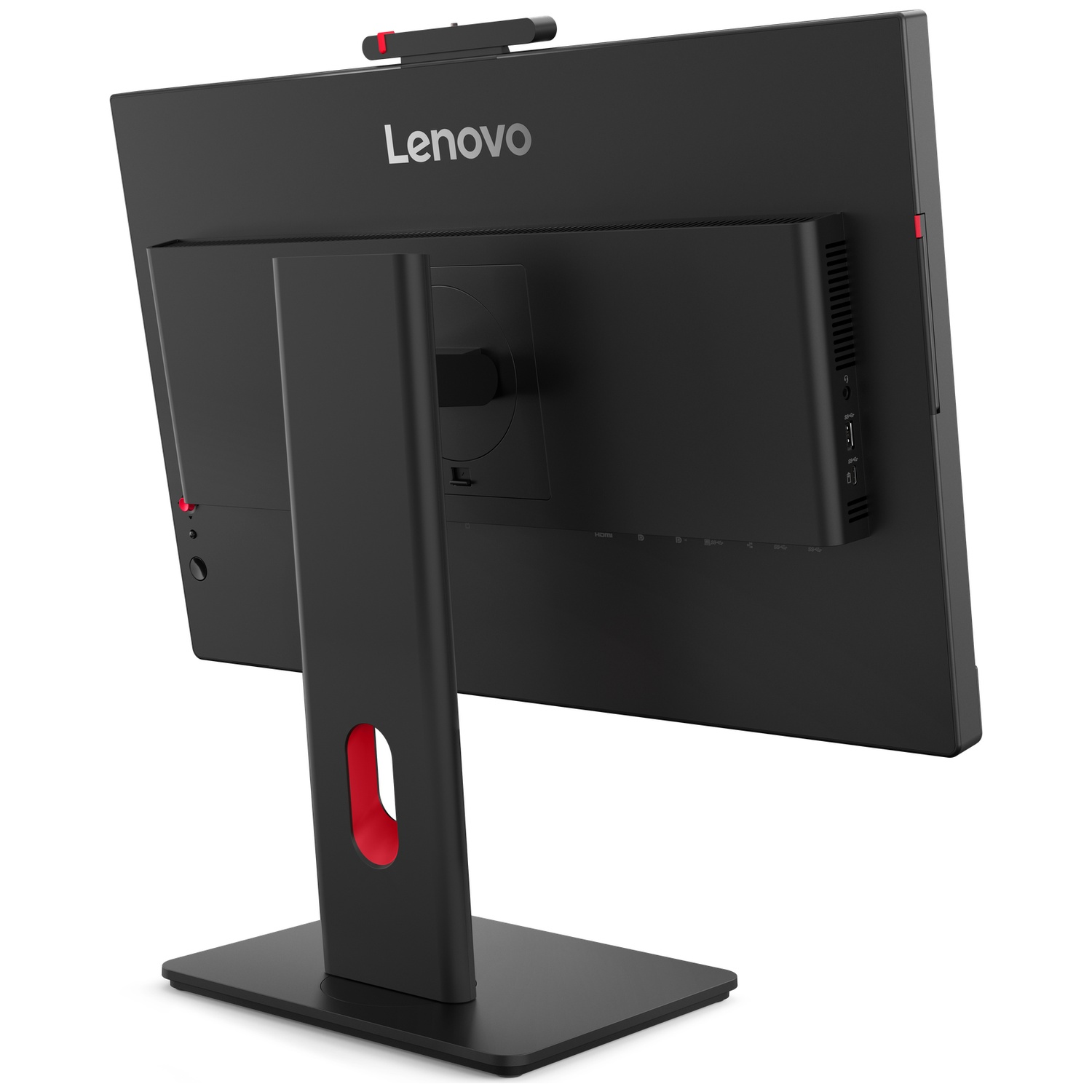 Black Lenovo all-in-one computer on a stand, showing ports and vents on the back.