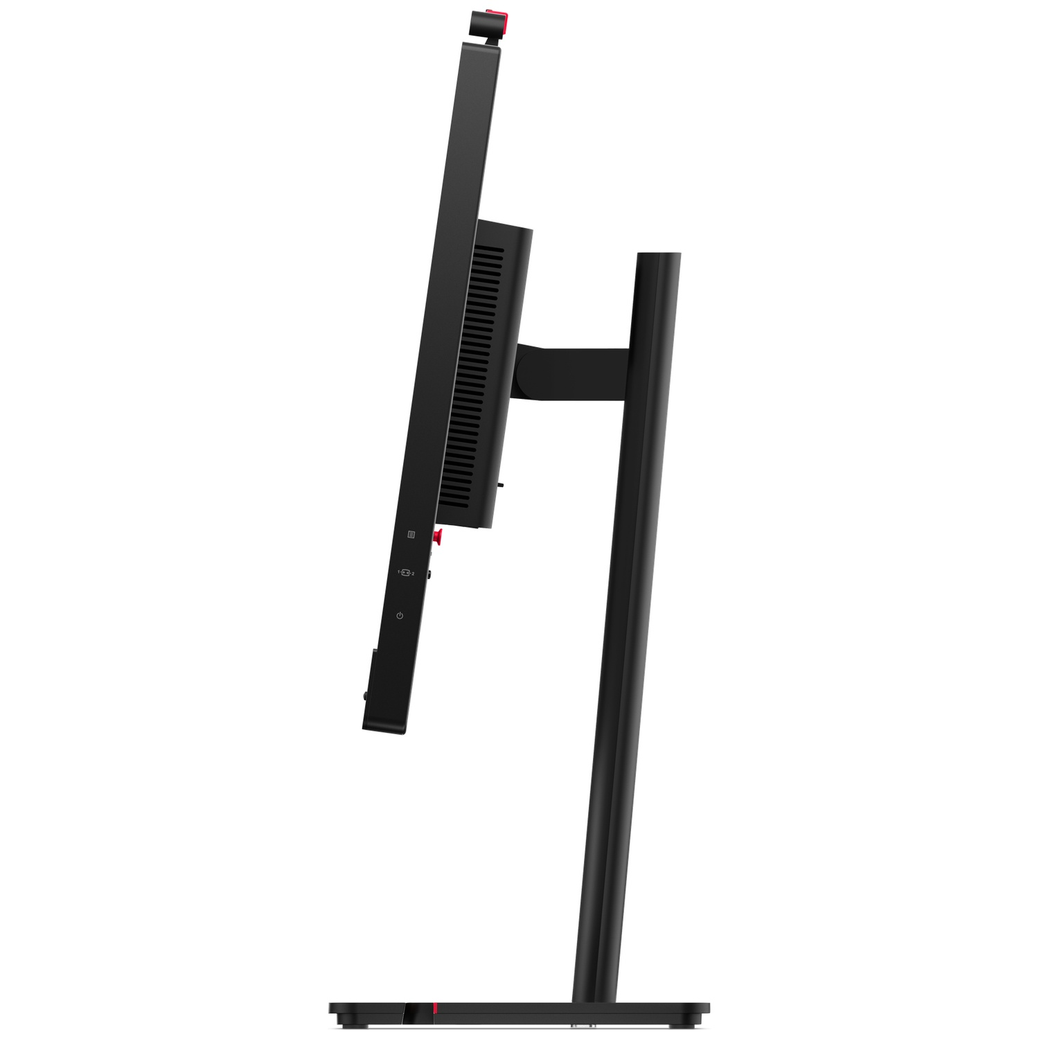Black monitor with a slim bezel on a black stand, viewed from the side.
