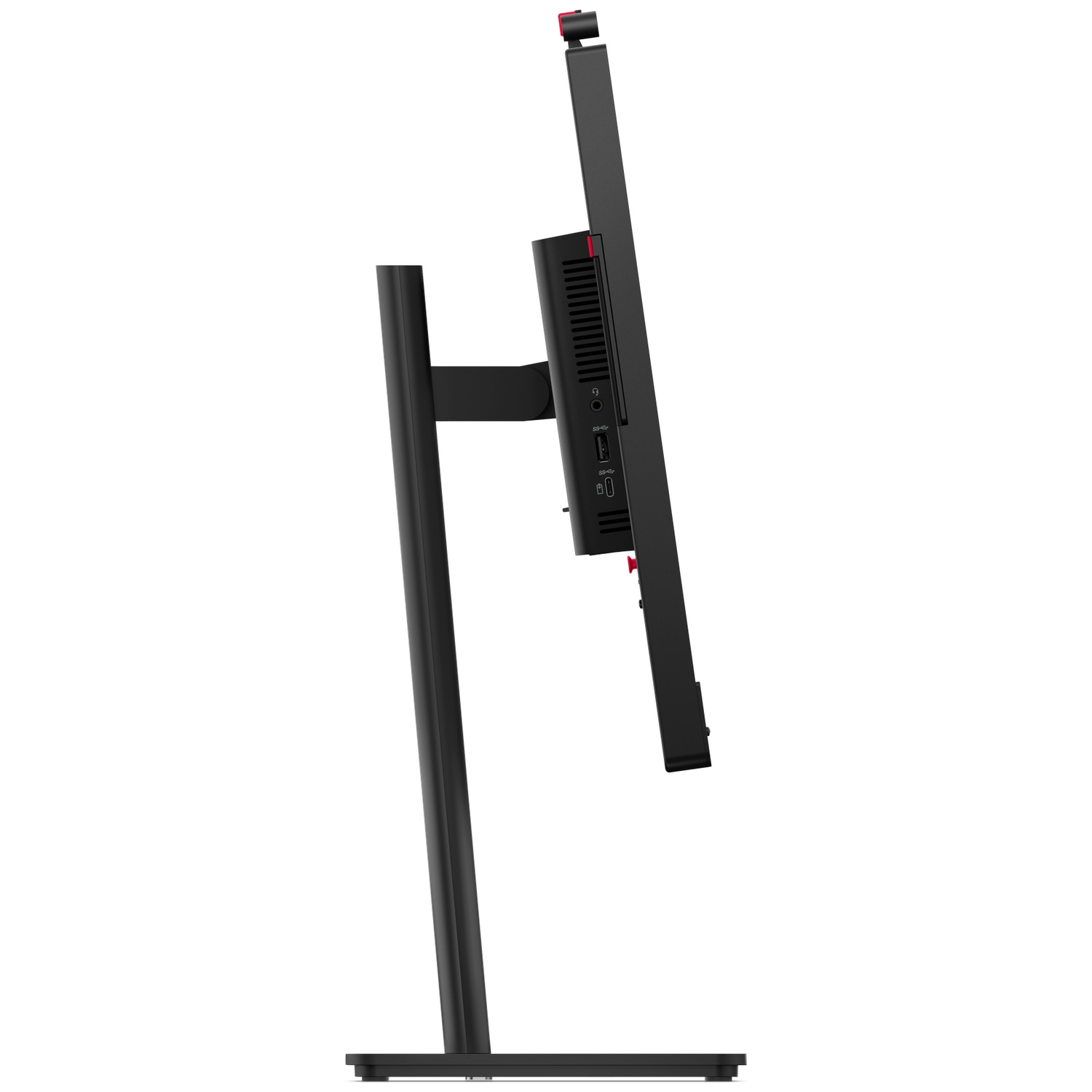 Black all-in-one computer on an adjustable stand. Side view.