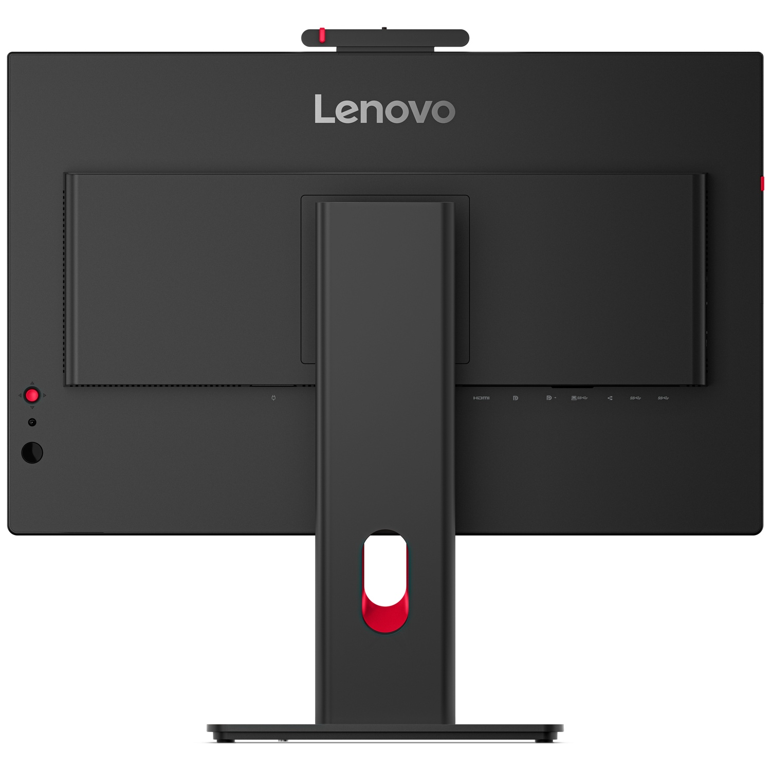 Back of a black Lenovo monitor with ports and a red accent detail.