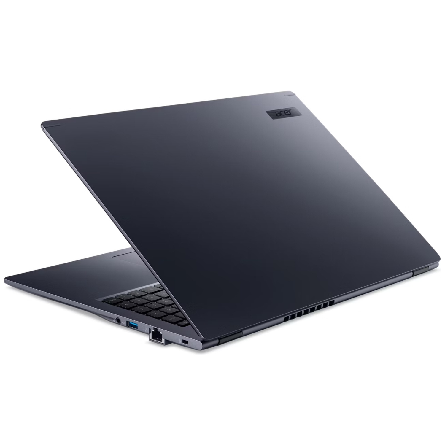 A dark Acer laptop is open, showing the keyboard and ports.