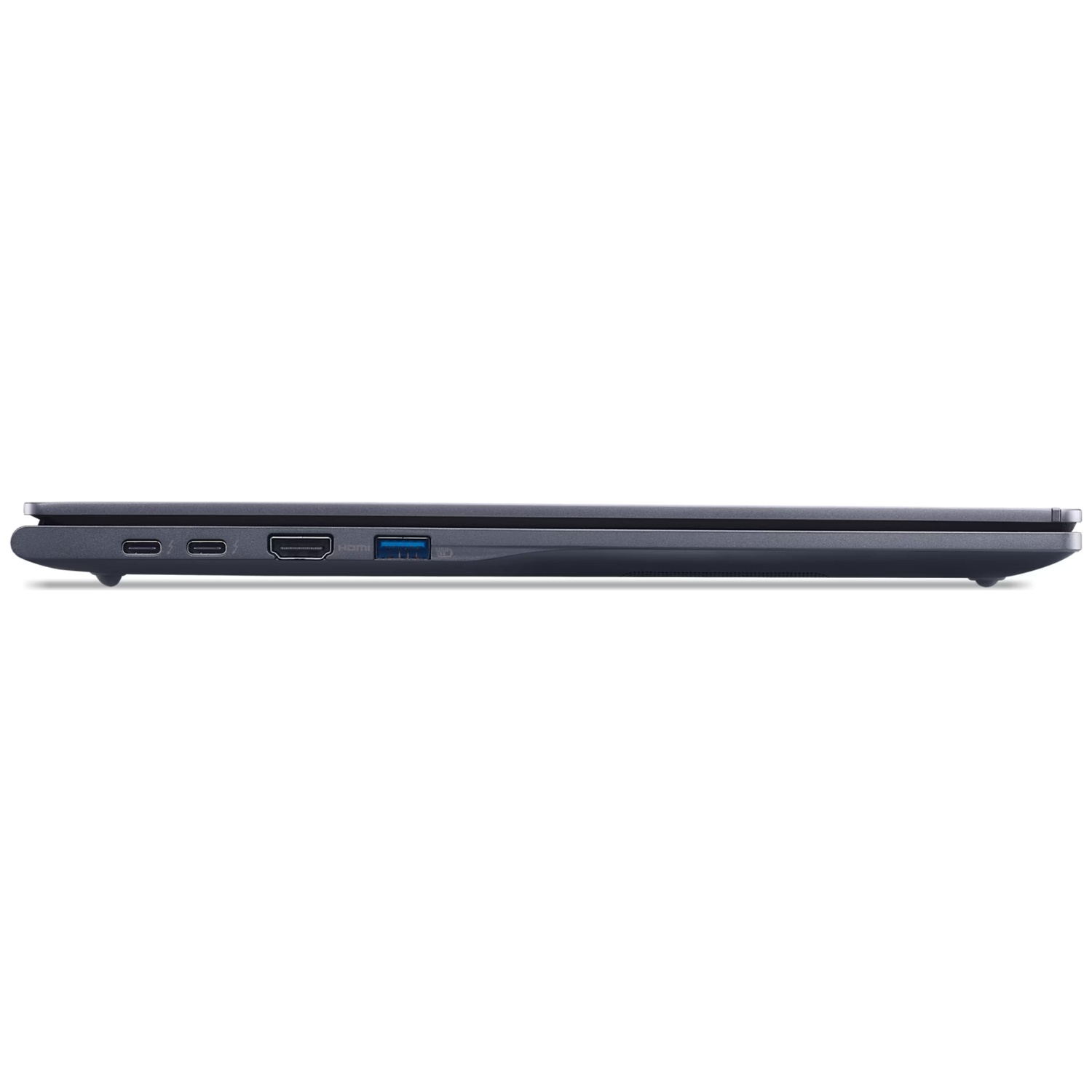 Side view of a dark laptop showing ports: USB-C, HDMI, and USB-A.