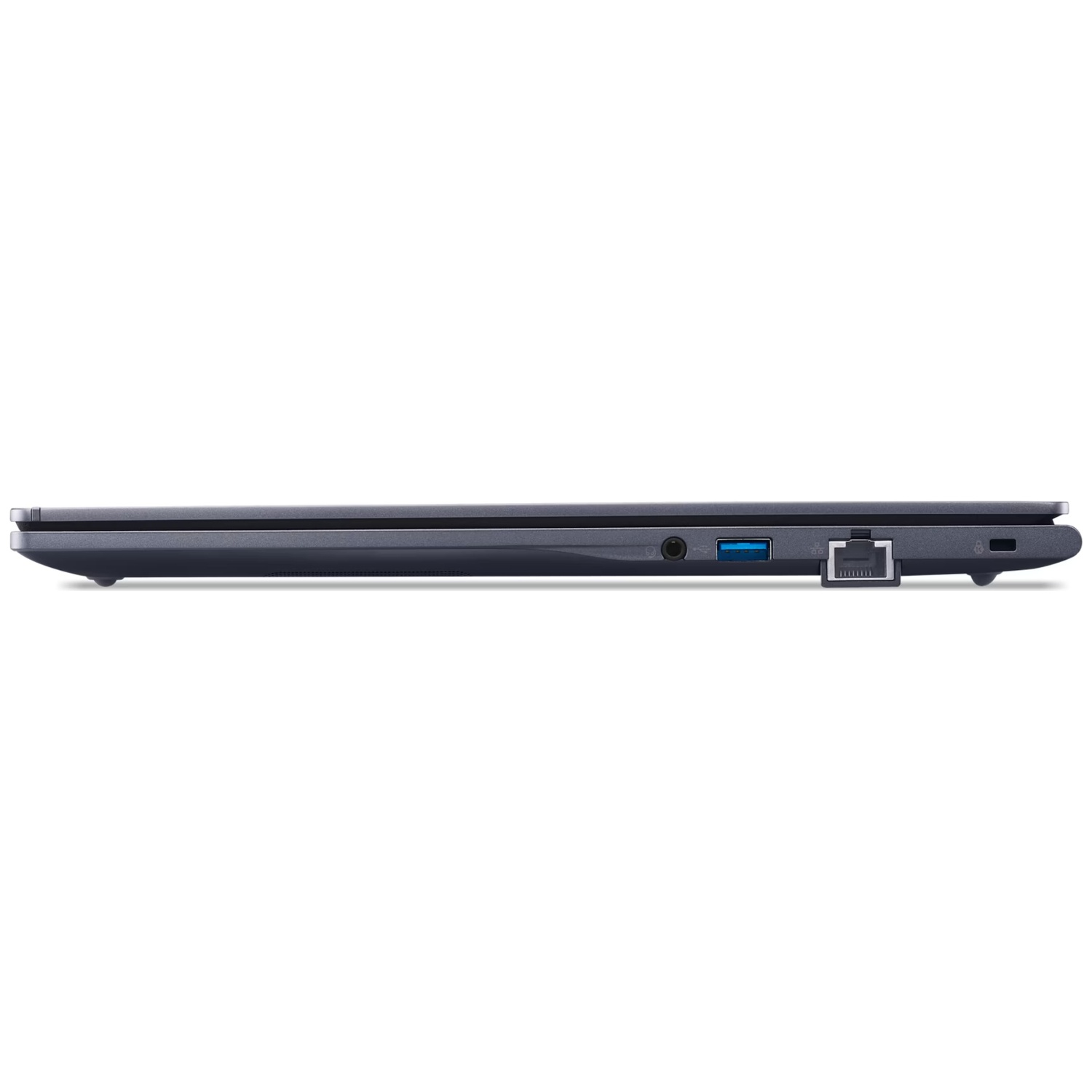 Side view of a dark laptop showing ports: audio, USB, and Ethernet.