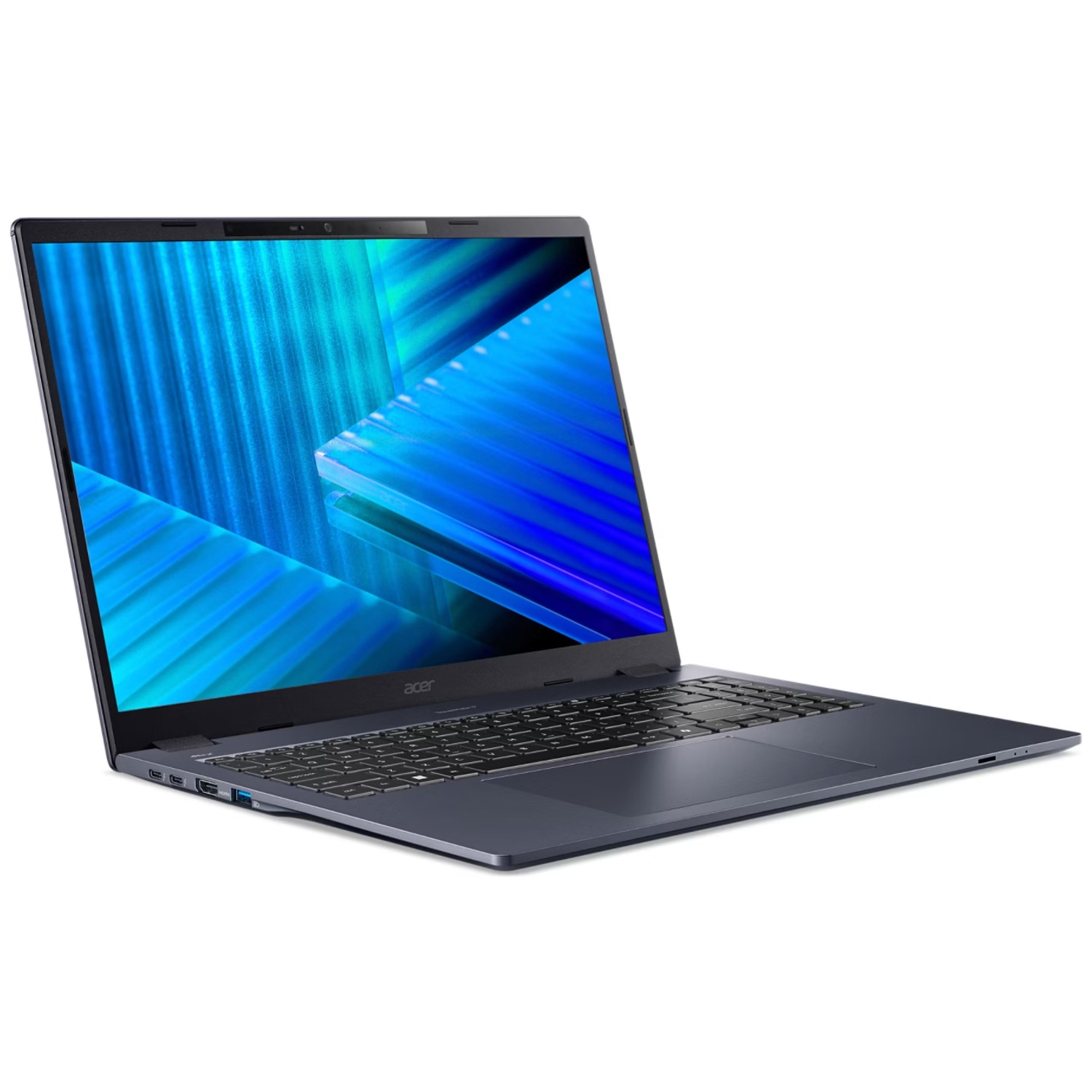 A dark gray Acer laptop with a blue abstract screen saver is shown from the side.