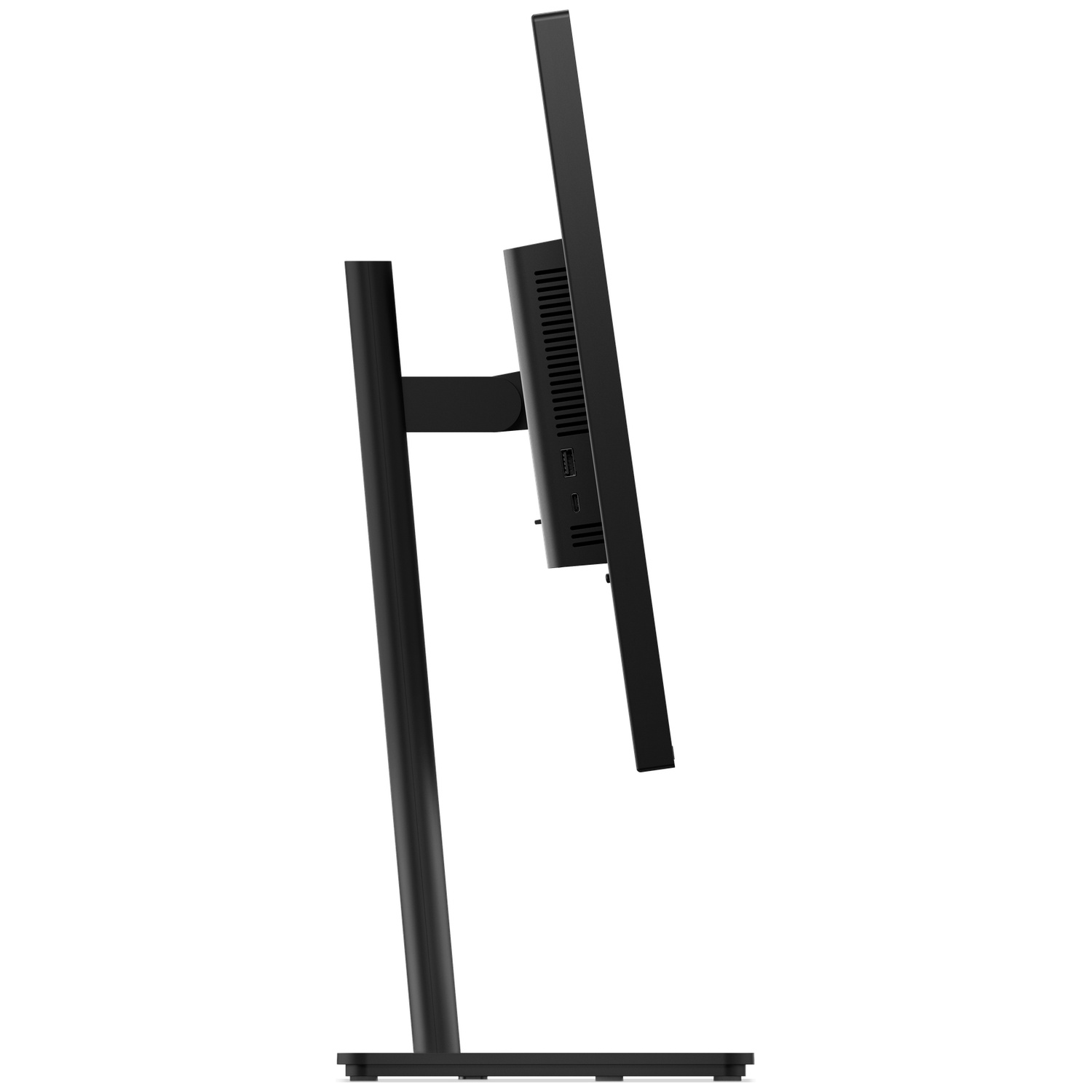 Zwarte computermonitor op standaard, van de zijkant gezien.
