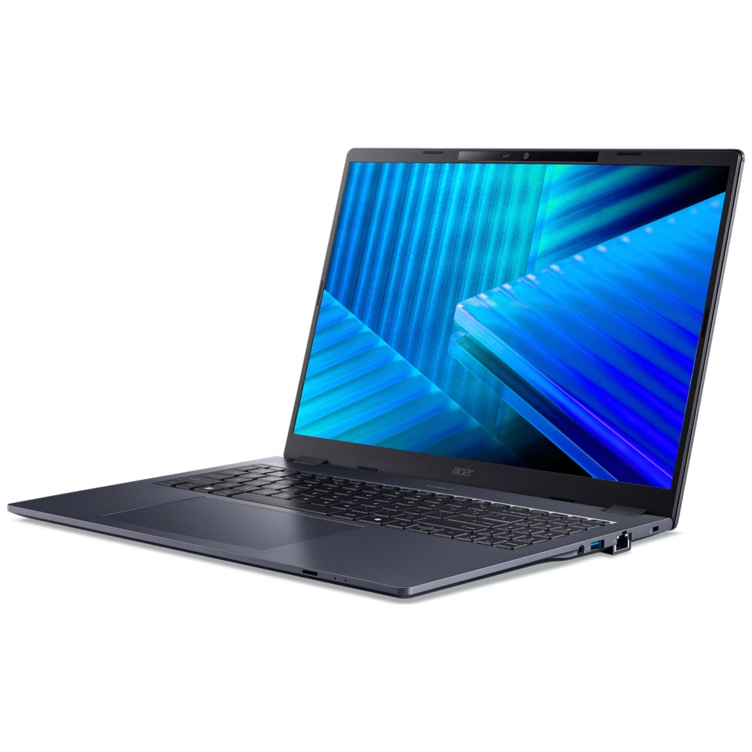 An open dark gray laptop displaying a blue abstract wallpaper.