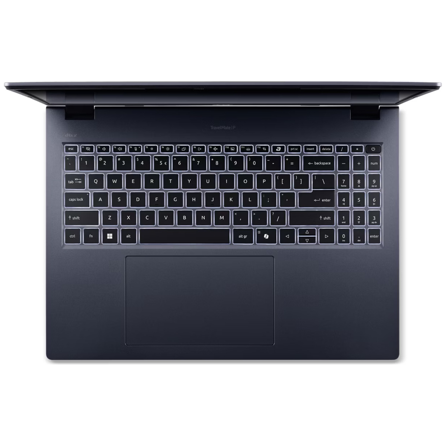An open dark laptop showing the keyboard and touchpad.