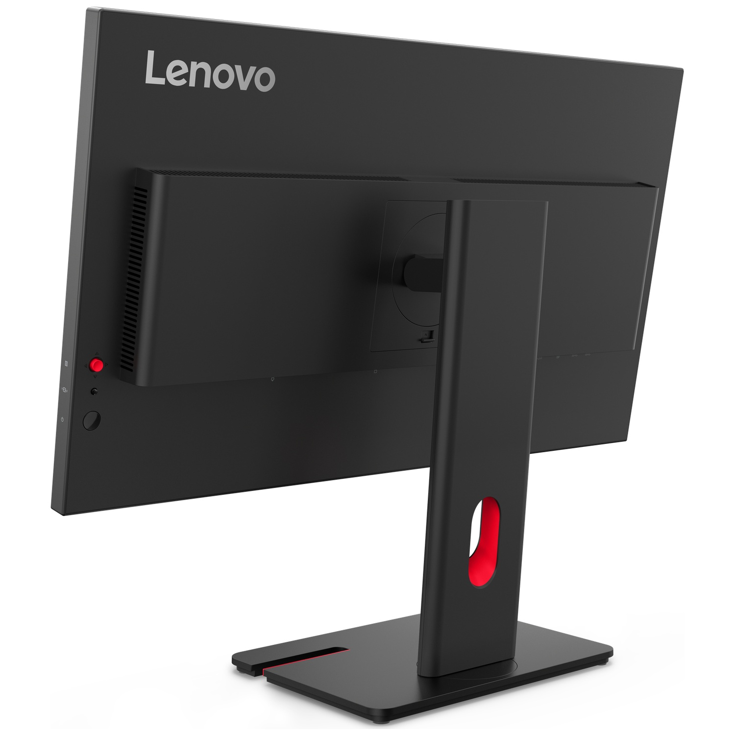 Achterkant van een zwarte Lenovo monitor met rode accent op de standaard.