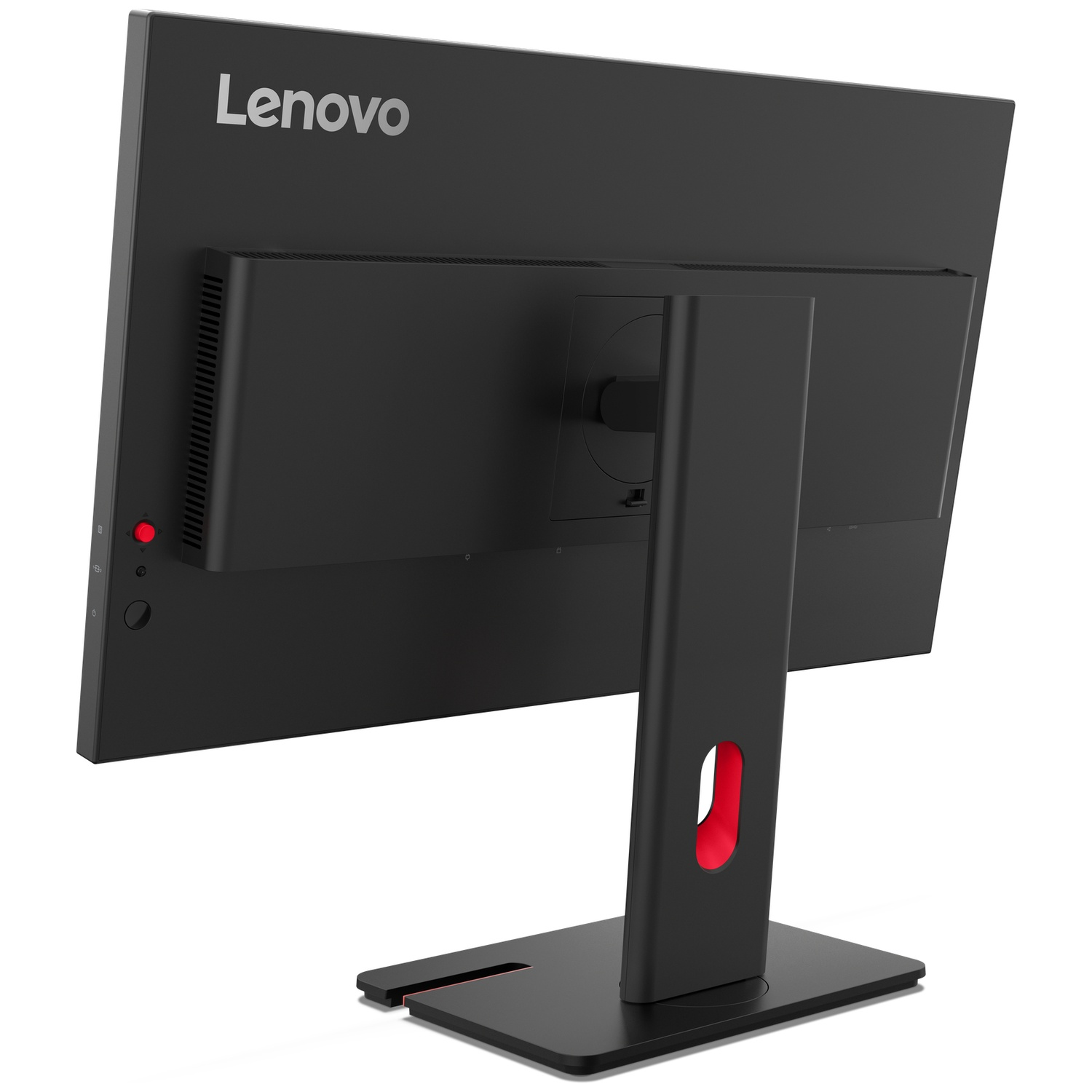 Arrière d'un moniteur Lenovo noir avec un accent rouge sur le pied.