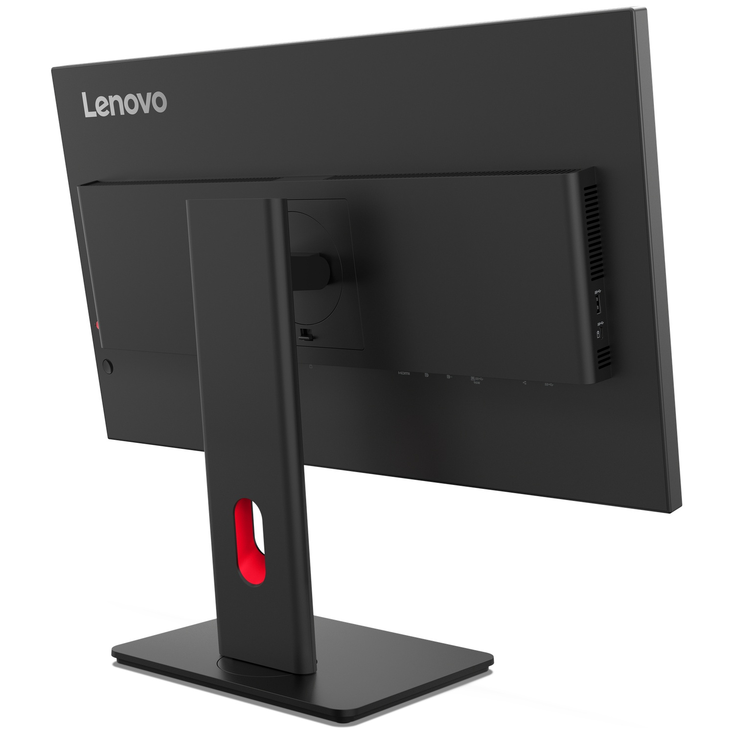 Vue arrière d'un moniteur Lenovo noir avec port HDMI et accent rouge.