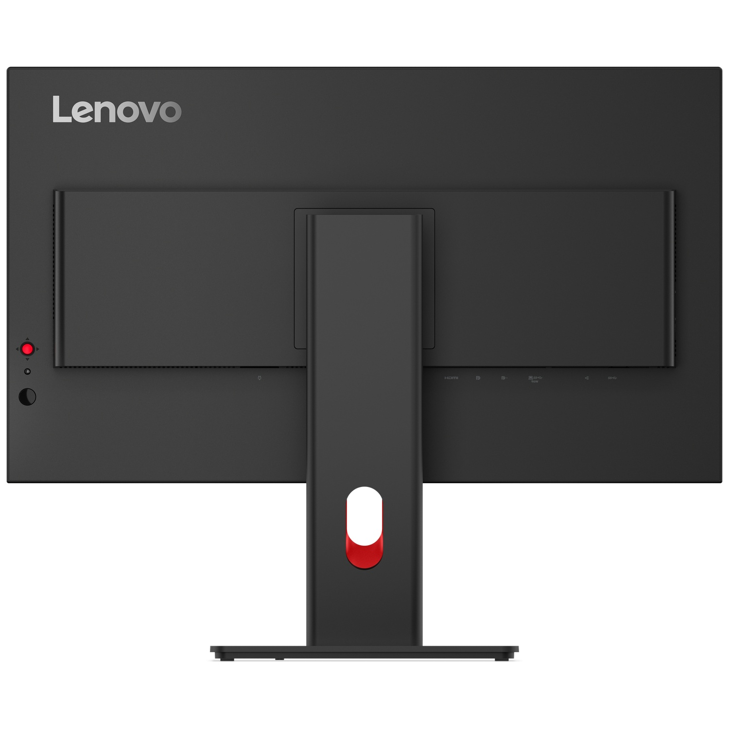Arrière d'un moniteur Lenovo noir avec logo argenté et ports.