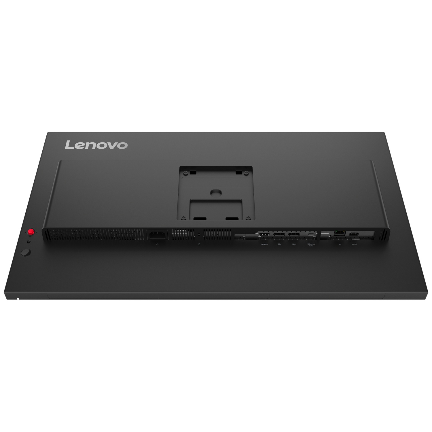 Arrière d'un moniteur Lenovo noir montrant les ports et un bouton rouge.