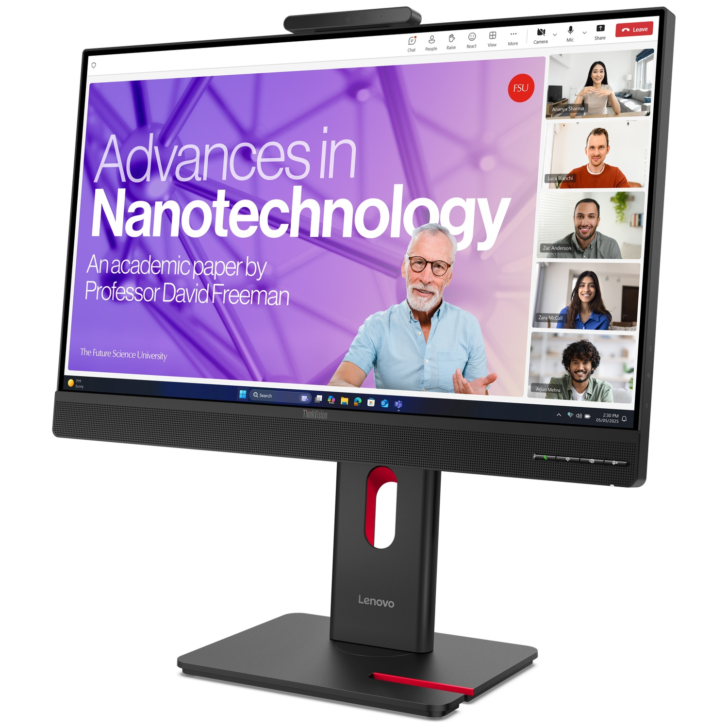 A computer monitor displays a video conference with five people and a presentation on nanotechnology.
