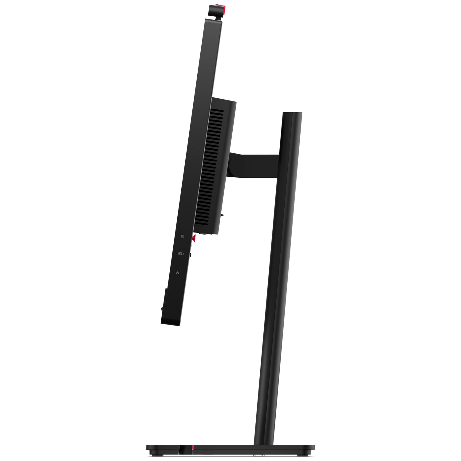 Side view of a black monitor with a webcam and a slim stand.