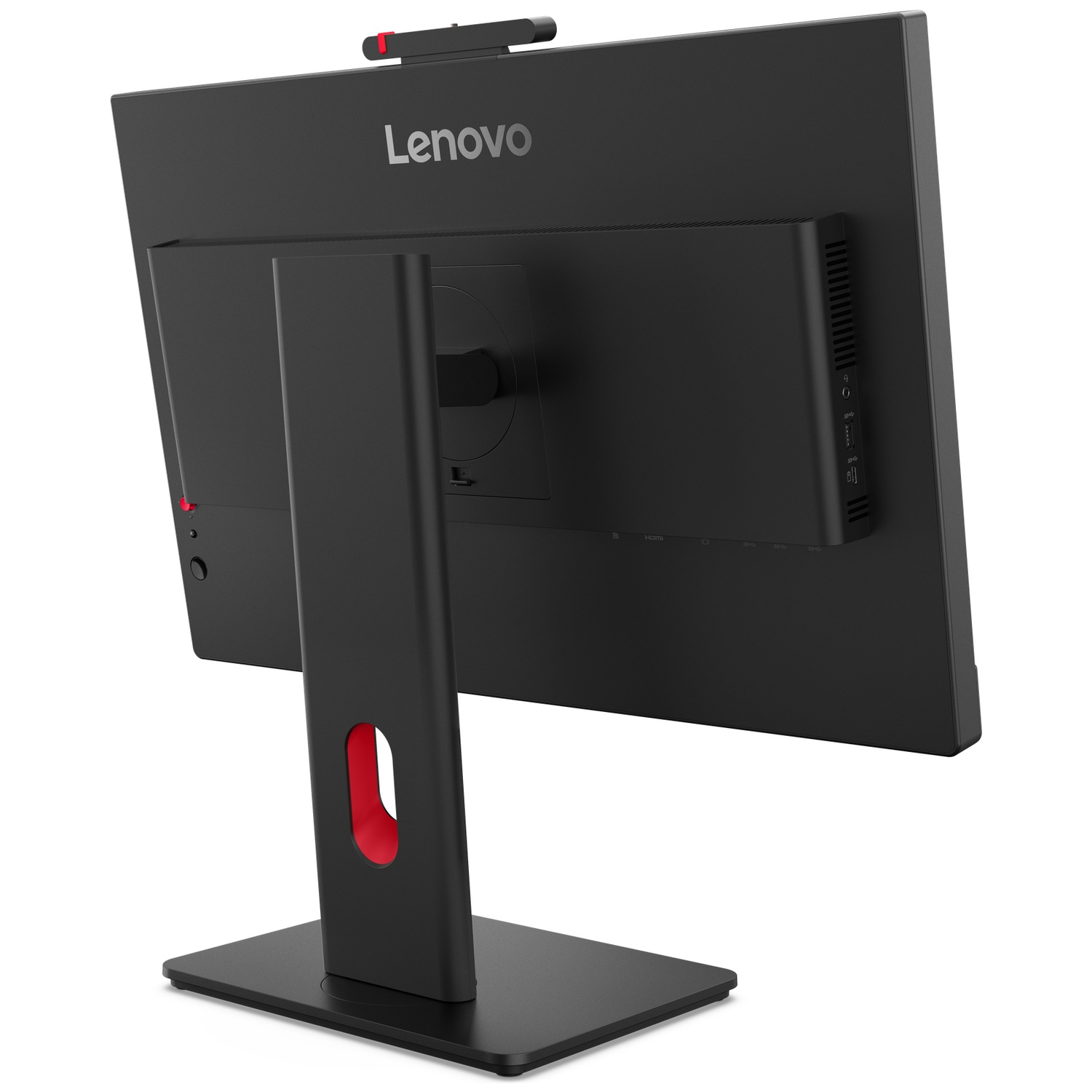 Rear view of a black Lenovo monitor with silver logo and webcam attached.