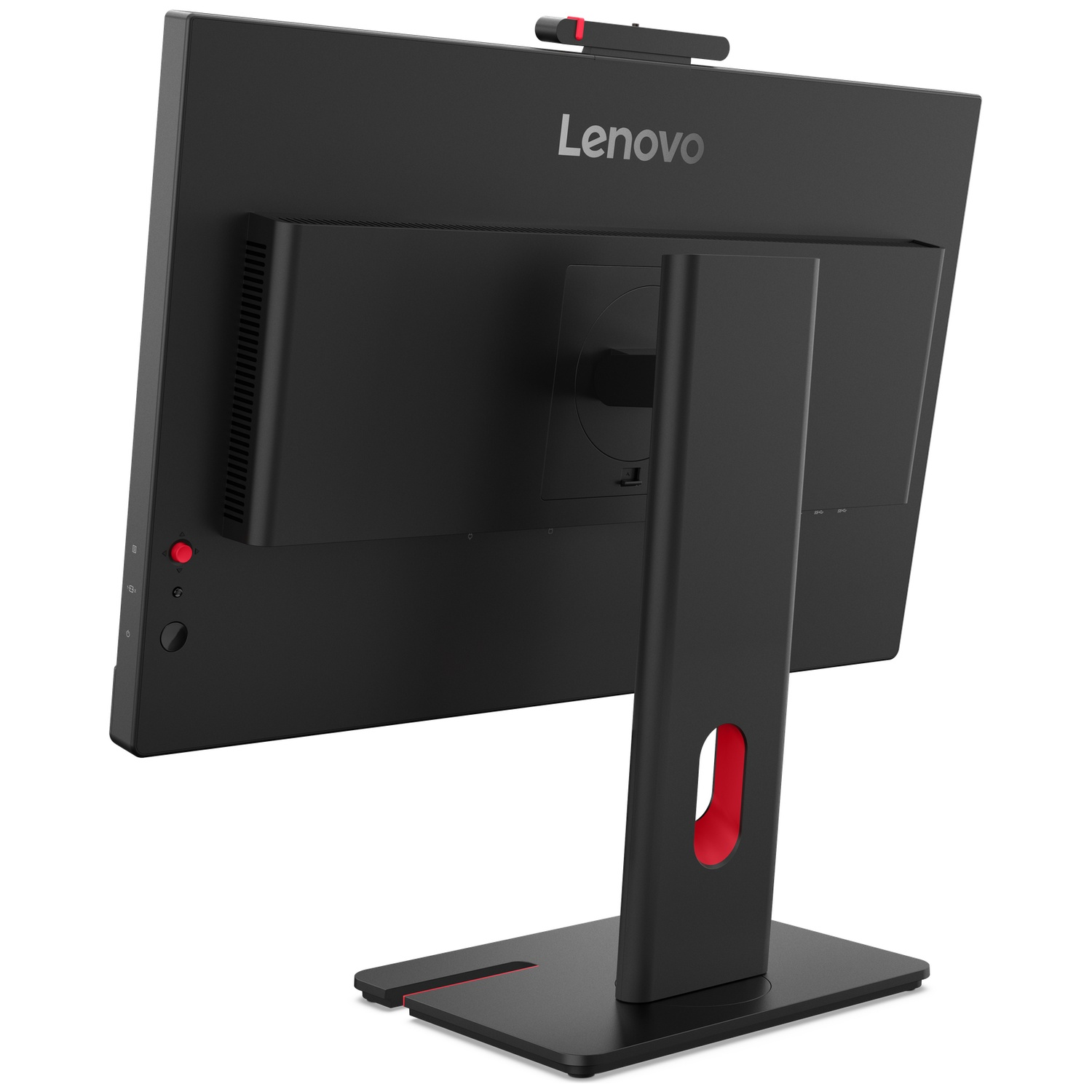 Back of a black Lenovo monitor with integrated camera and red accent detail.
