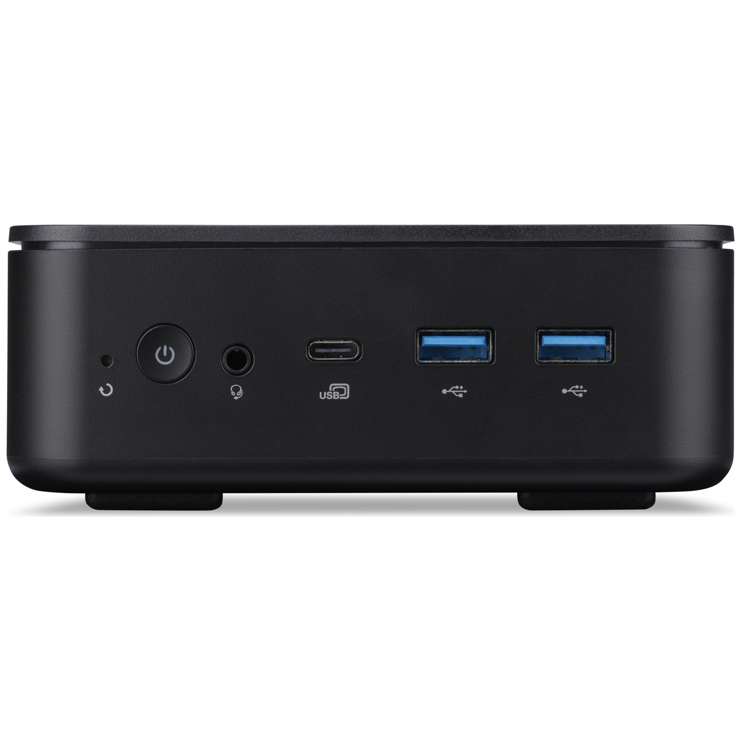 Zwarte mini-pc met aan/uit-knop, koptelefoonaansluiting, USB-C en USB-A poorten.
