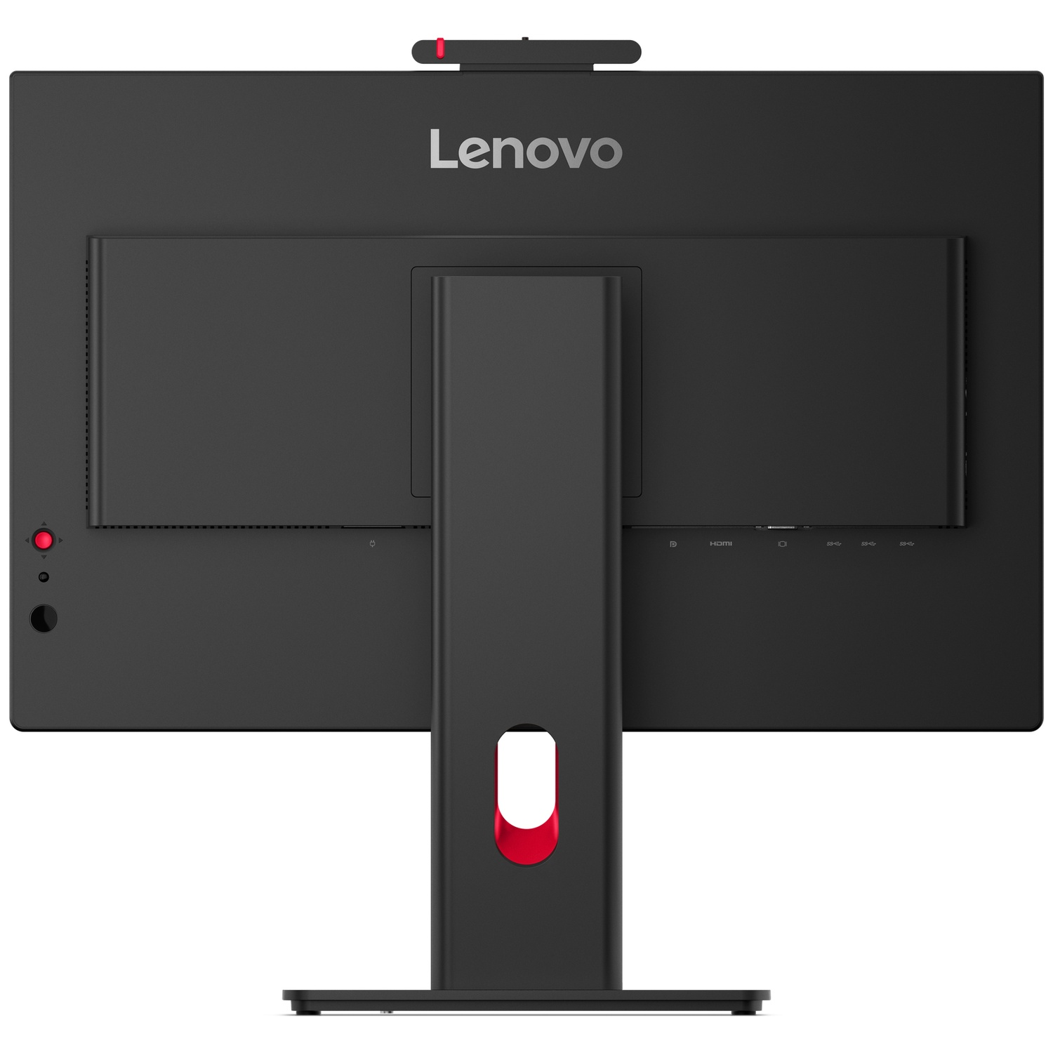 Back of a black Lenovo monitor with silver logo and red accents.
