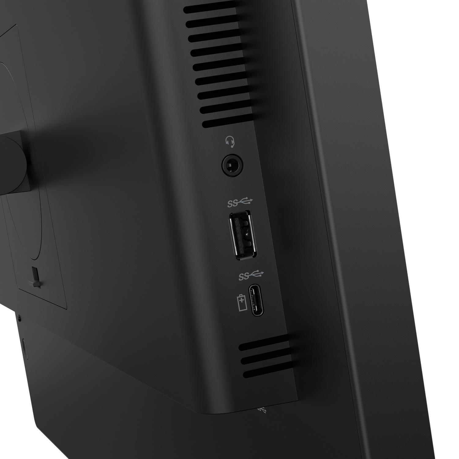 Close-up of a black computer showing USB-C, USB-A, and headphone ports.