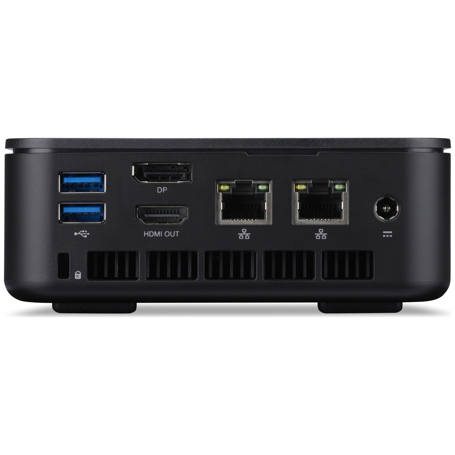 Achterkant van een zwarte mini-pc met USB-, DP-, HDMI-, Ethernet- en stroompoorten.