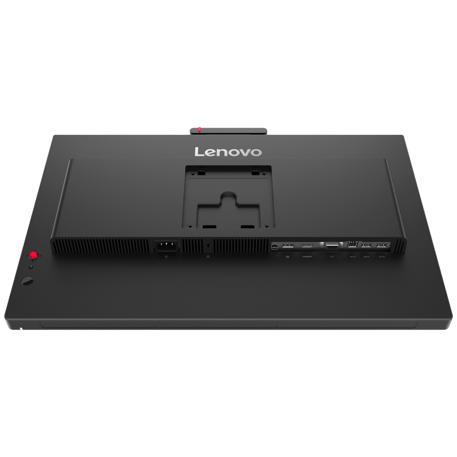 Back of a black Lenovo monitor with ports and ventilation slots.