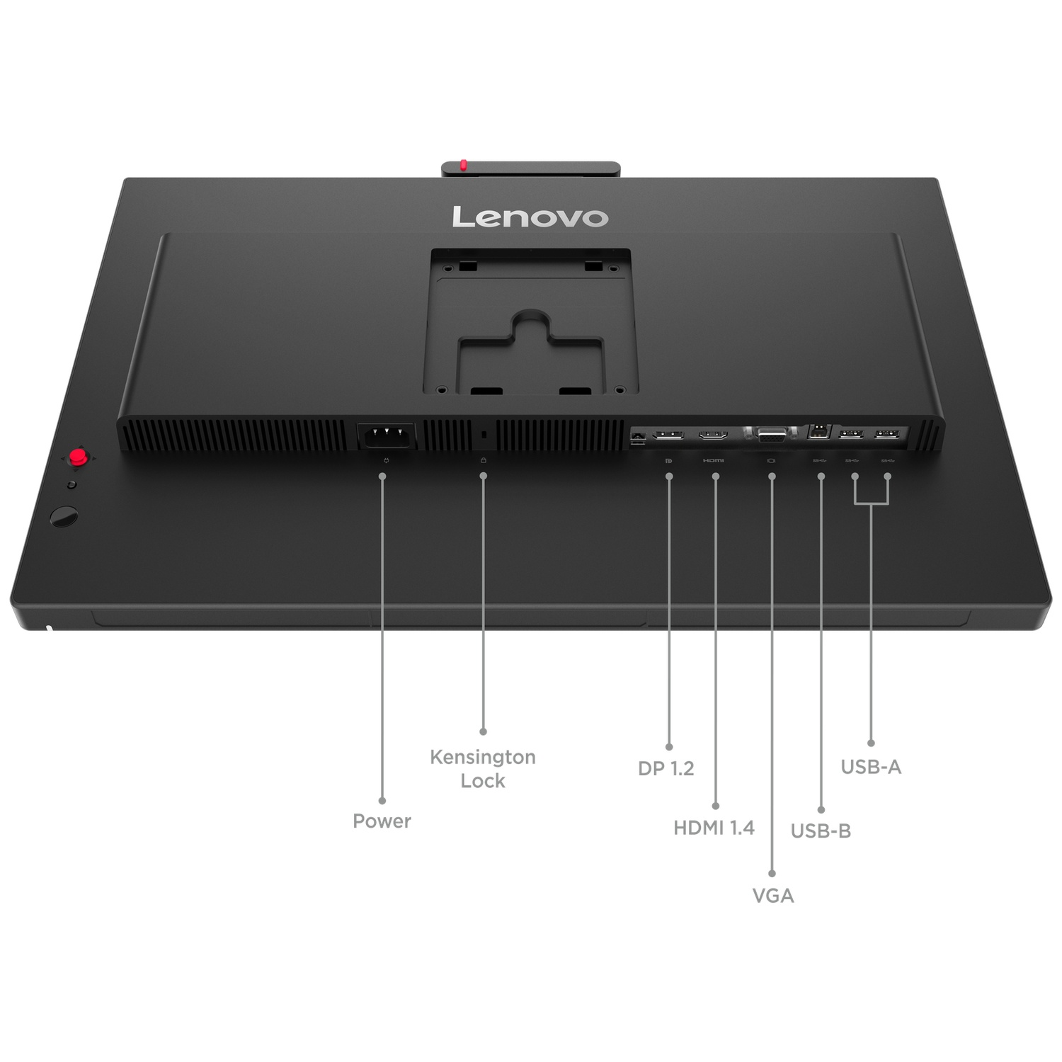 Back of Lenovo monitor with ports: Power, Kensington Lock, DP 1.2, HDMI 1.4, USB-B, VGA, USB-A.