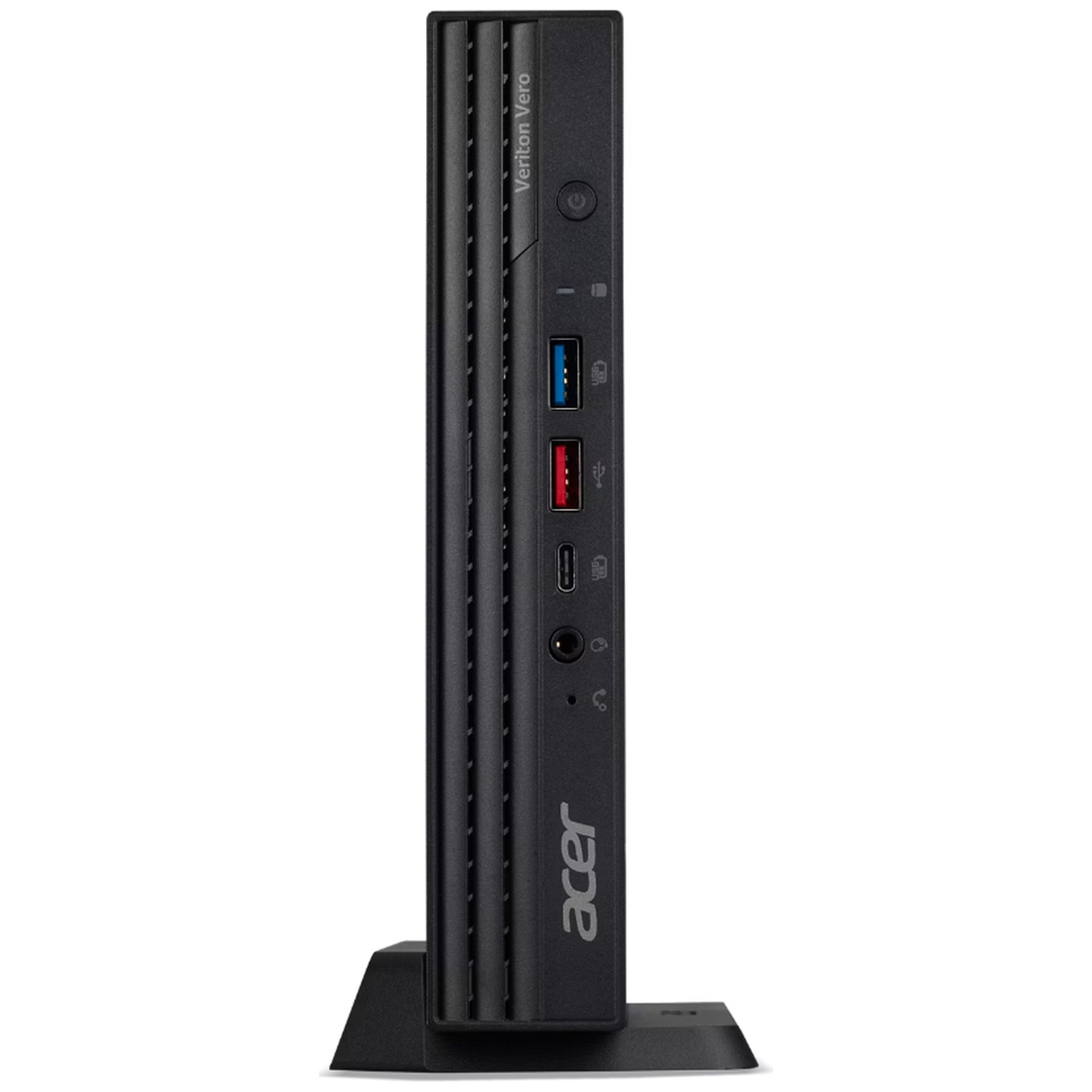 Black Acer Veriton Vero mini PC on a stand, showing side ports.