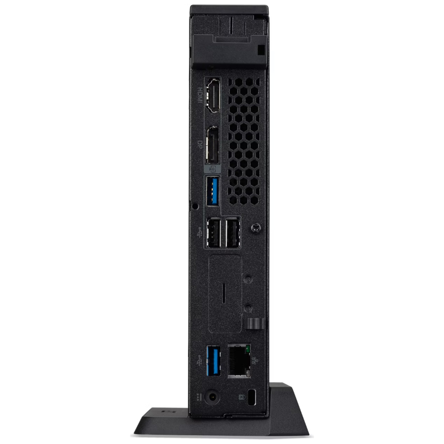 Back view of a black mini PC showing ports: HDMI, DP, USB 3.0, network.