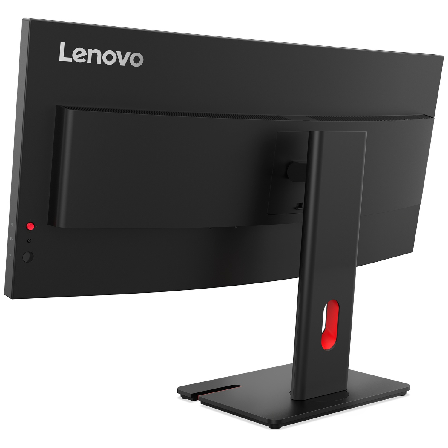 Achterkant van een zwarte Lenovo monitor met rode accent op de standaard.