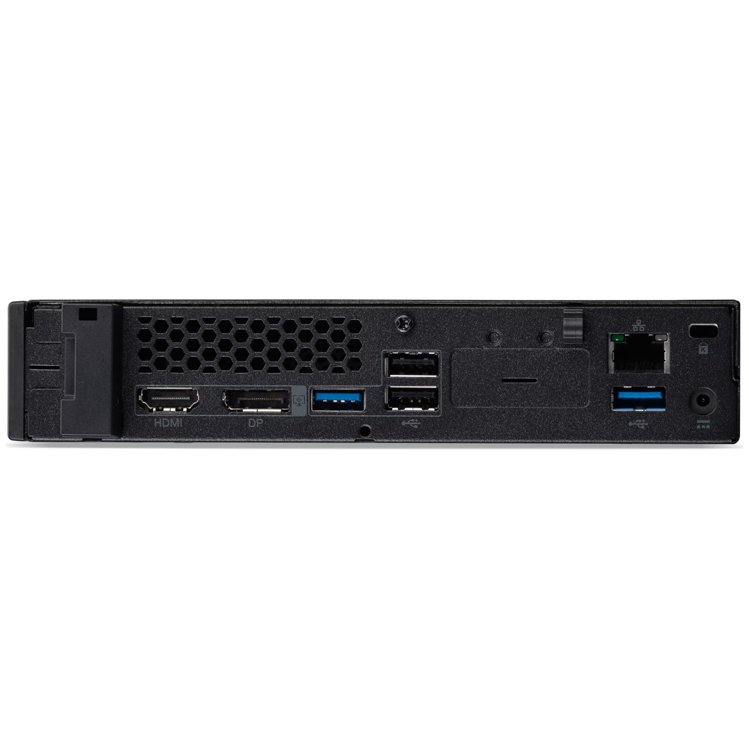 Back of a black mini PC showing HDMI, DP, USB ports, and network jack.