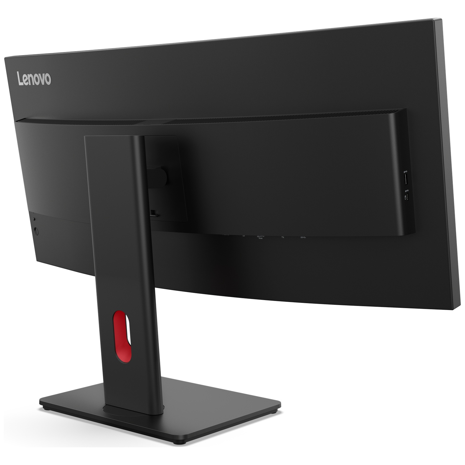 Achterkant van een zwarte Lenovo monitor met standaard en poorten.